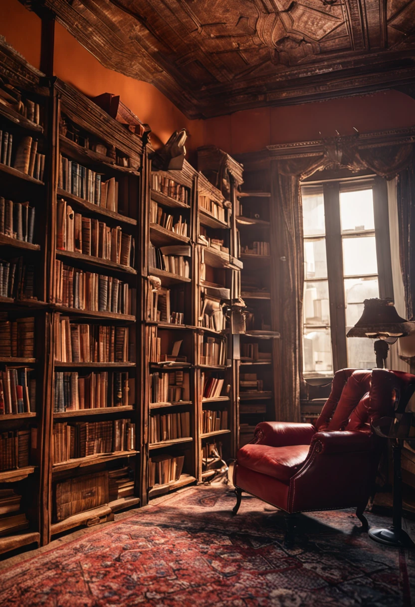 Biblioteca com estantes e livros espalhados