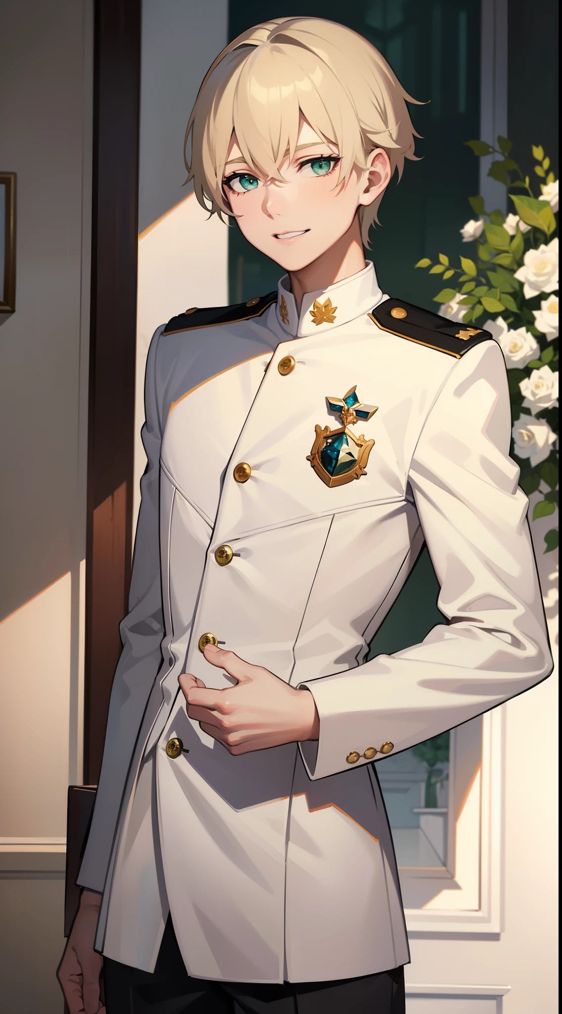 Young guy, short blonde hair with white strands, Green eyes, white officer's uniform, ssmile, White rose in hand, Crystal Rose, Masterpiece, hiquality