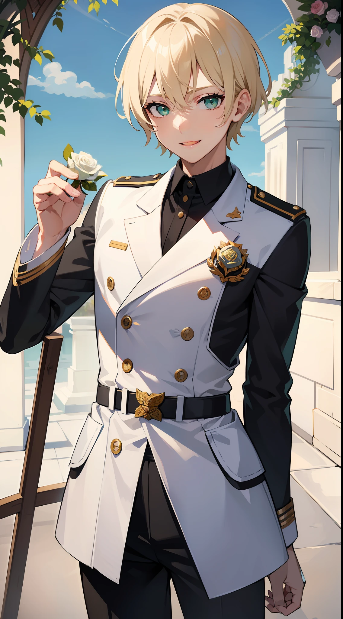 Young guy, short blonde hair with white strands, Green eyes, white officer's uniform, ssmile, White rose in hand, Crystal Rose, Masterpiece, hiquality