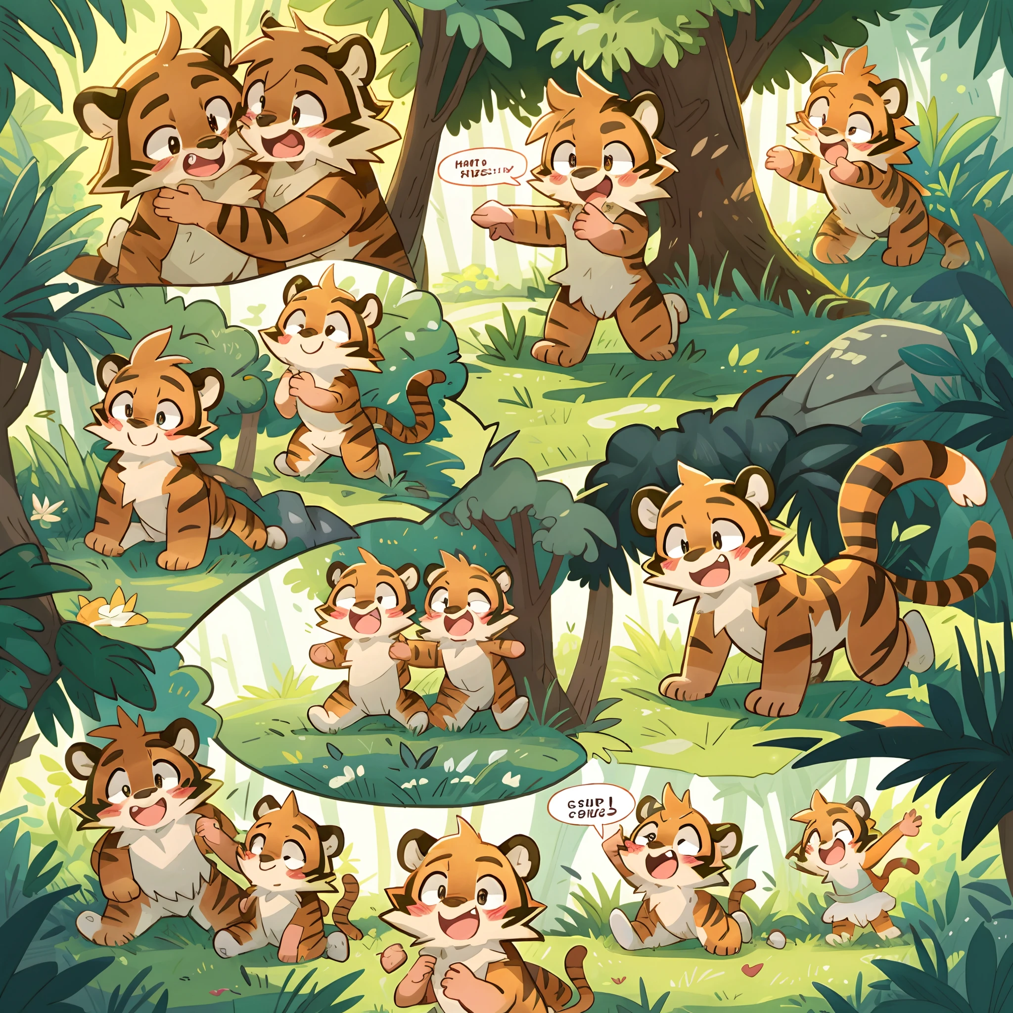 top quality, best quality, highres, masterpiece, super high resolution, detailed background, grass field(animal tigers play with human children)petting, hug, biting, smile, joyful, chibi, absurdres(highly detailed beautiful face and eyes)perfect anatomy, good lighting, cinematic shadow, assorted expressions, assorted poses, assorted angles, full body, upper shot, dynamic angle(girls comic-like panel layouts, speech balloon, English text, Hand-drawn sound effects stickers used in girls comic),