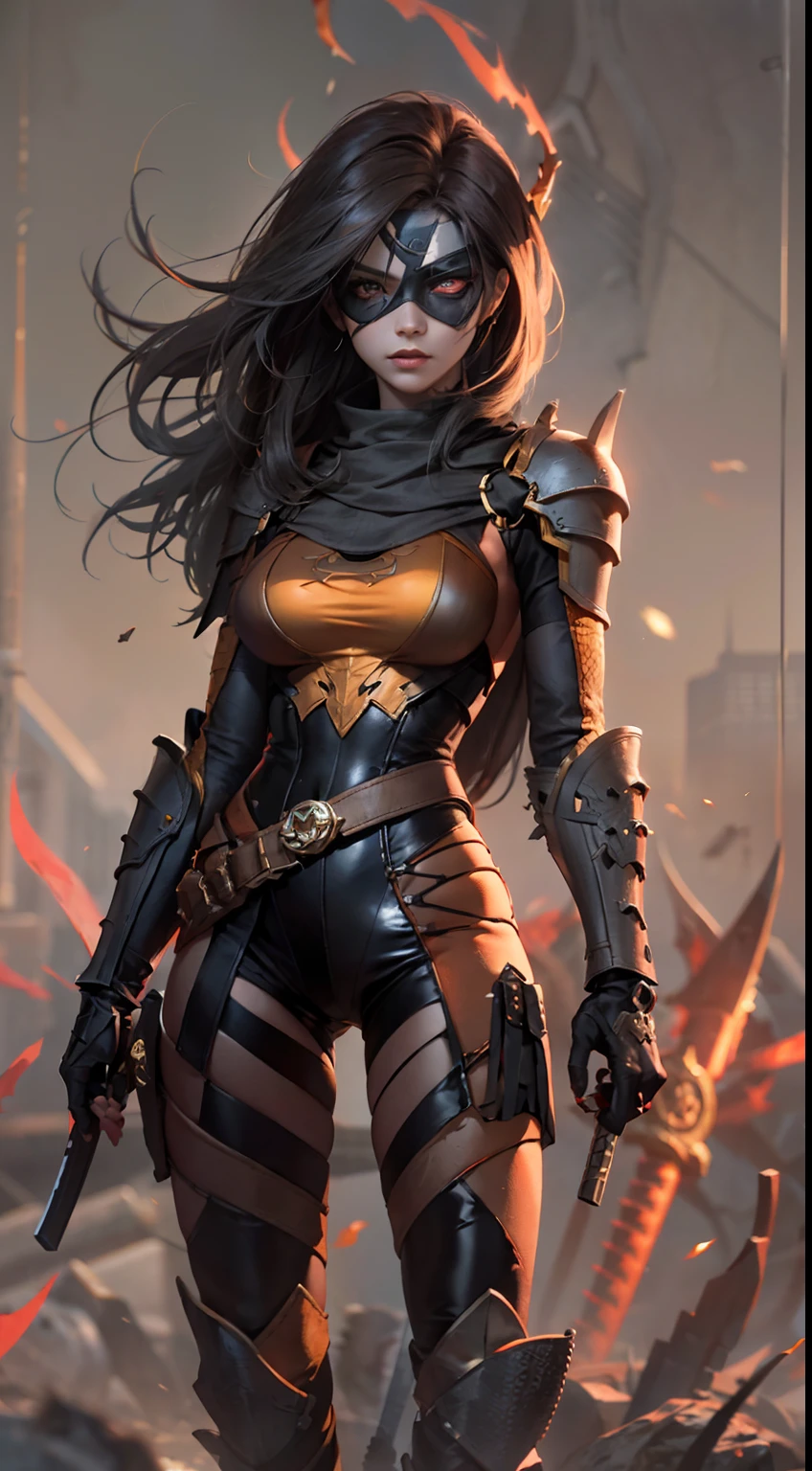 at the battlefield,Mercenary,There is a lot of war,smooggy,The people are plunged into an abyss of misery,Landslides and ground fissures,Sand,(realisticlying:1.2),(hentail realism),(tmasterpiece:1.2),(best qualtiy),(Hyper-detailing),(8K,4K,复杂),(full body shot shot:1),(85mm),Particle light,illuminating,(high detal:1.2),(Detailed face:1.2),largeeyes,beautiful goddess woman,putting makeup on,s the perfect face,Perfect lighting,1girll,DC Super Hero Movie,The female version of the death knell,(Death stroke),His real name is Slade Joseph Wilson,American DC Comics anti-heroine,tightsuit,Martin boots,Multifunctional belt,She carries two katanas on her back,One-eyed patch,Half-black mask,Ninja style,Orange-black clothes,Death glow,Serious look,Thin waist and thick hips,upper legs,Faust,huge boob,red pupils,Cyclops,(Knell set:1.2),Gravel background,Broken ground,Female death knell,Hands clenched into fists,(Details Mechanical metal skeleton),(No underwear),(finelydetailedskin:1.3),(nice hand),Detailed hands,detailed back ground, perfect eyes, Seductive eye, looking at viewert, From the front,cinematric light,edge lit,超高分辨率,Best shadow,delicated,octanerender,unreal-engine,Glaring ahead,