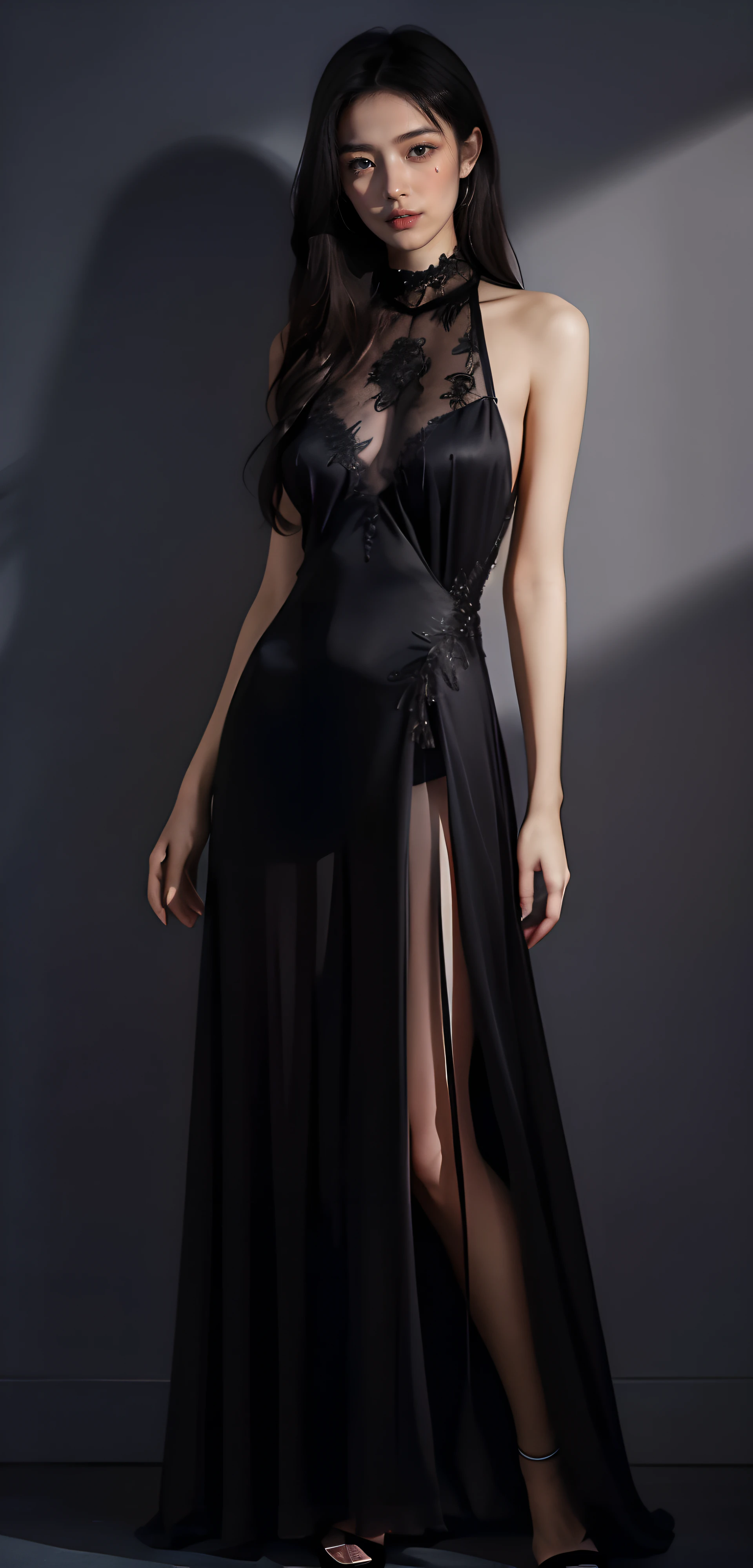 (​masterpiece)、(top-quality:1.1)、(ultra-detailliert)、detaile、realisitic、20-year-old woman in France、very beautif、skin tanned、Black silk dress with spider web motif、solo women、Black Bouquet、widow、