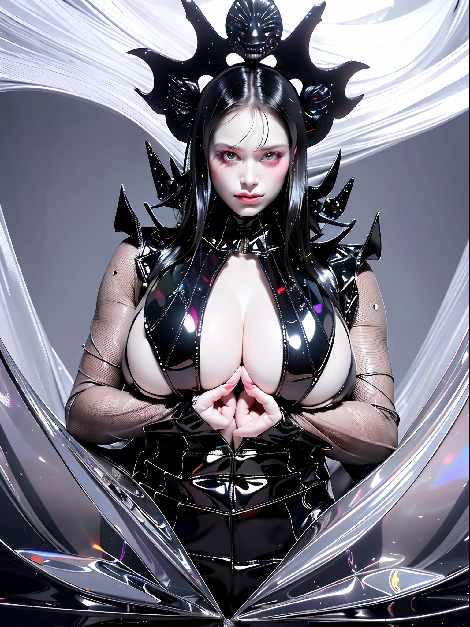 Hellbringers, Dressed in a black robe,Mask carved mysterious pattern,Eyes flashing with cold light,Fingers are long and beautiful,The voice is deep and beautiful,Lead sinful souls to judgment and punishment,Maintain balance and justice in the world, (huge breasts:1.5), breasts out, shinny skins,fire on breast,laser