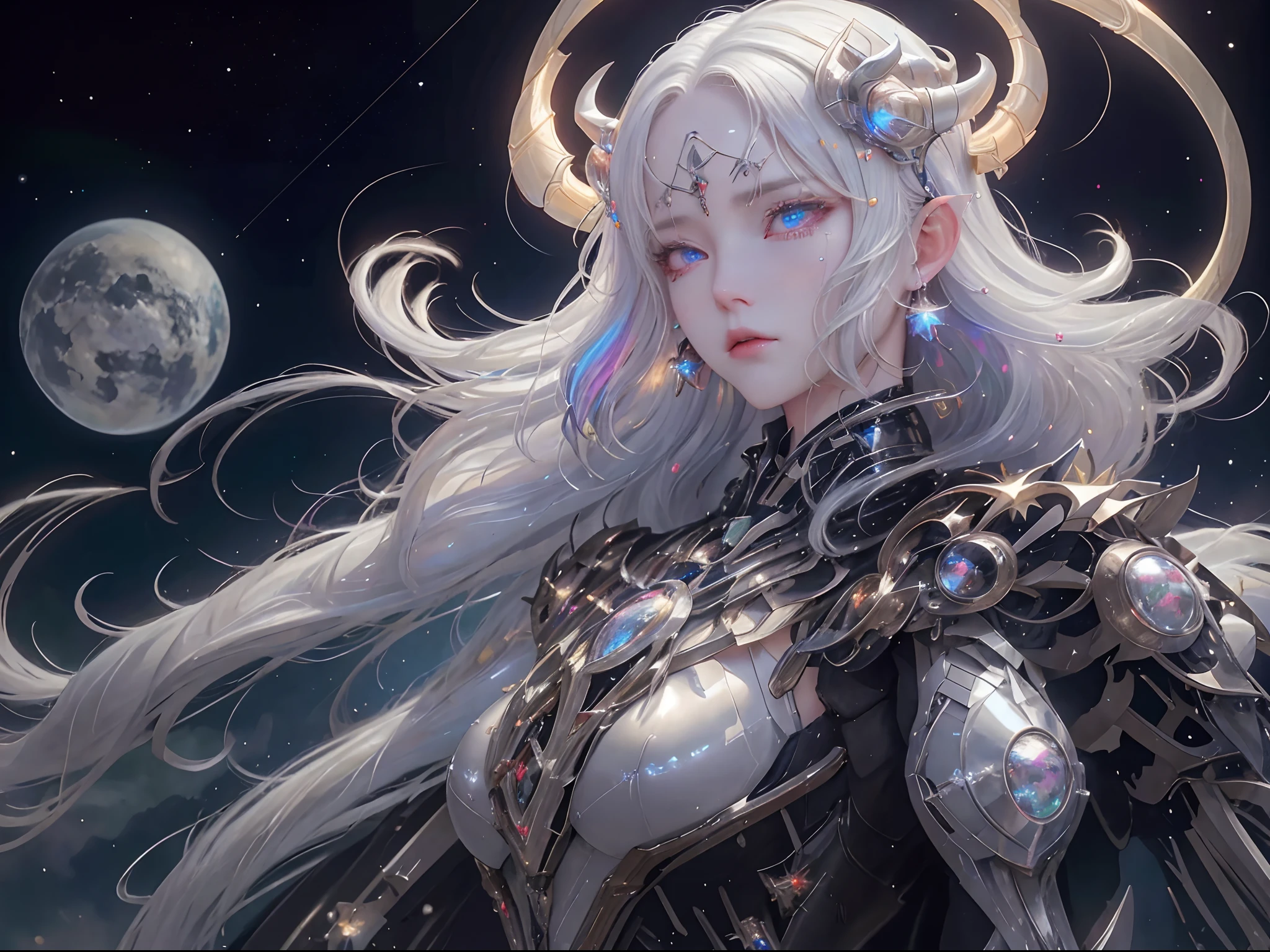 (upper body:1.5), face focus, close up to face, caustics,reflection,ray tracing,demontheme,nebula,dark aura,cyber effect, 1girl,solo,alone,mecha musume,mechanical parts, robot joints,single mechanical arm, headgear, mechanical halo,star halo,intricate mechanical bodysuit, mecha corset, kimono, full armor, very long hair,white hair, hair between eyes, multicolored hair, colored inner hair, red eyes,glowing eye,eye trail, random expressions,random action, ancient japanese architecture,pond, starry sky,skyline,