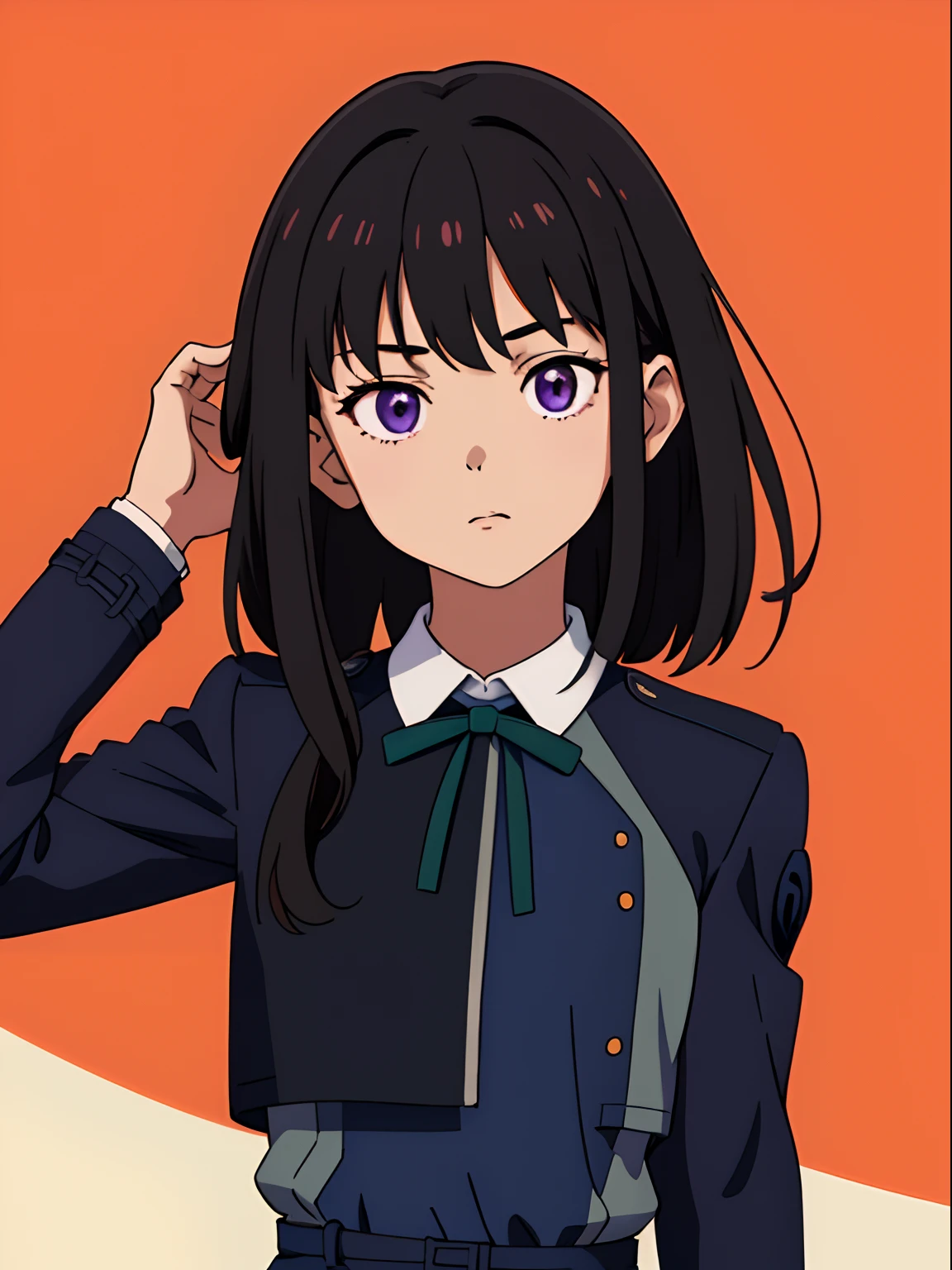 simple background、(​masterpiece、top-quality:1.2)、((facing front:1.2))、With bangs、Young woman at ************、((The upper part of the body:1.2))、Promotional Art、offcial art、Dark blue uniform、long-sleeve、Y shirt、Green Tie Ribbon、bangss、A dark-haired、Longhaire、Purple eyes