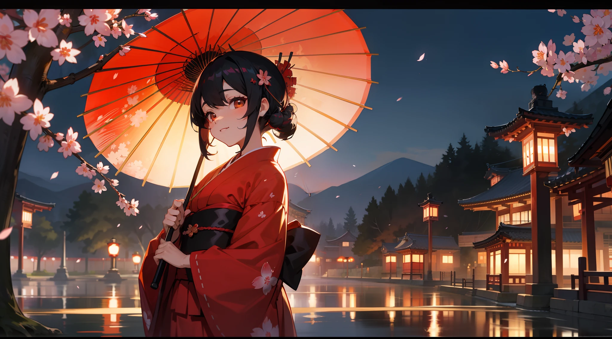 geisha,lamplight,Japan Night Woman,ssmile,Black hair coiled,golden hairclips,SakuraNS,Hand sleeve kimono,Sakura blossoms,The large red oil-paper umbrella is painted with cherry blossoms,Goldfish Dream,Shrines