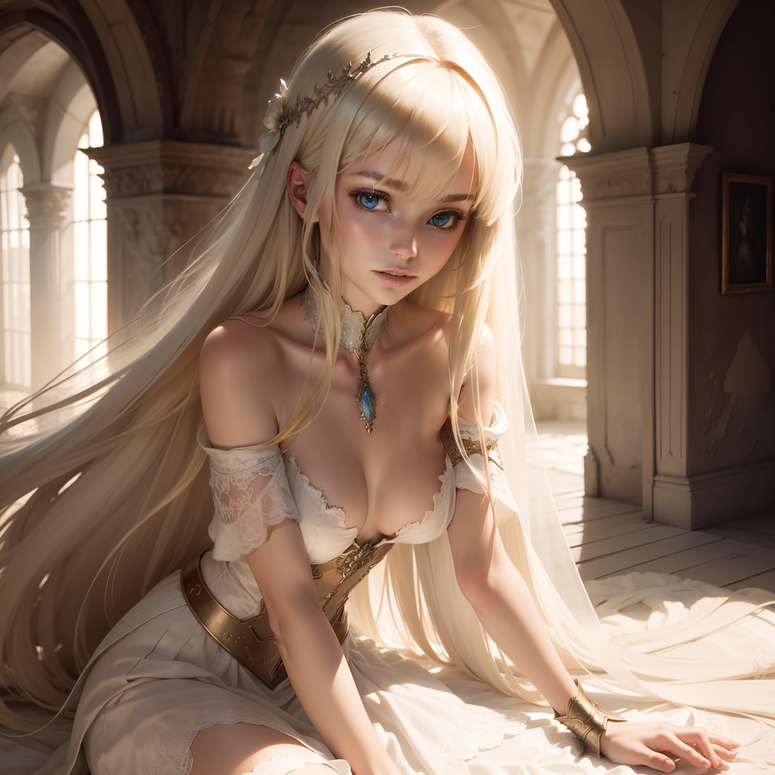 Beautiful slender young long-haired blonde woman with bangs in tattered white fantasy armor with exposed breasts, INTERIOR OF THE CASTLE, nffsw, River Fantasy, Micro Detail, Soft light, Photorealistic, Proportional, hyperdetails