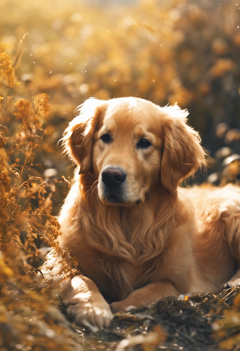 Golden Retriever junto com seus cinco filhotes, desenho, livro infantil