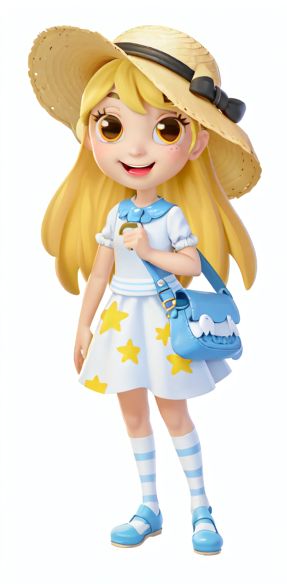 one-girl，European and American cartoons，Q version，cabellos largos dorados，Yellow straw hat，Black bow，white dresses，Yellow star pattern，Blue and white striped stockings，Blue leather shoes，Blue bunny ears adorned shoulder bag，CG，character  design，Game style，rendering，Disney，Tawny eyes，Opens mouth and laughs，Hands on the straps of your satchel，Stand up，full bodyesbian，optic，ambient lights，high light，Thick coating