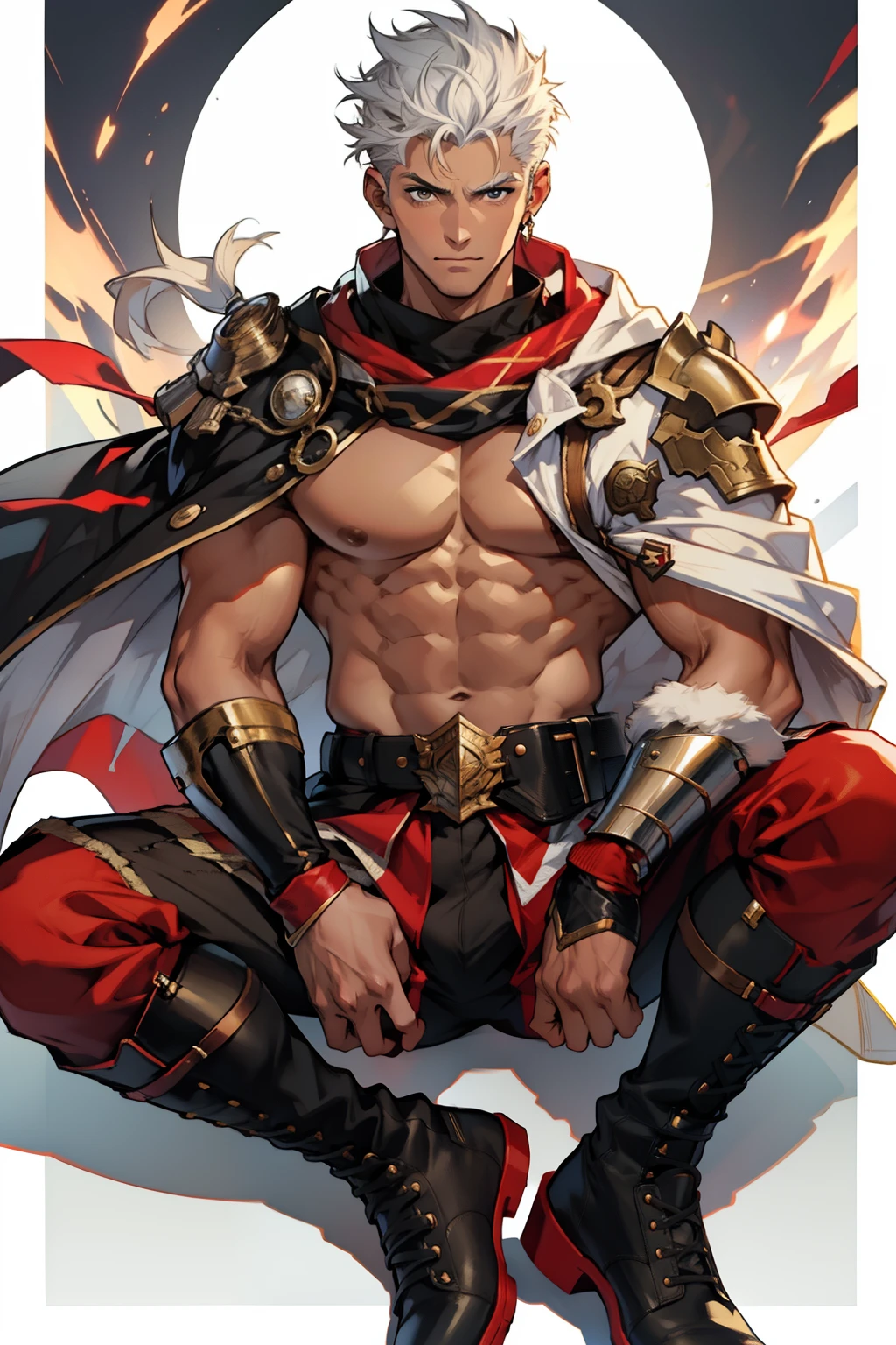 Highest image quality，male people，child，1 boy，Young and handsome，shoun，White color hair，Short flat top hair，Dark  skin，anime big breast，anime wallpaper，Solo，malefocus，Briefs，Dilation of the pectoral muscles，Red cape，Bulging crotch，Urban background，spread their legs，Sexy,(Masterpiece, Best quality),Long white socks，Red Martin boots，