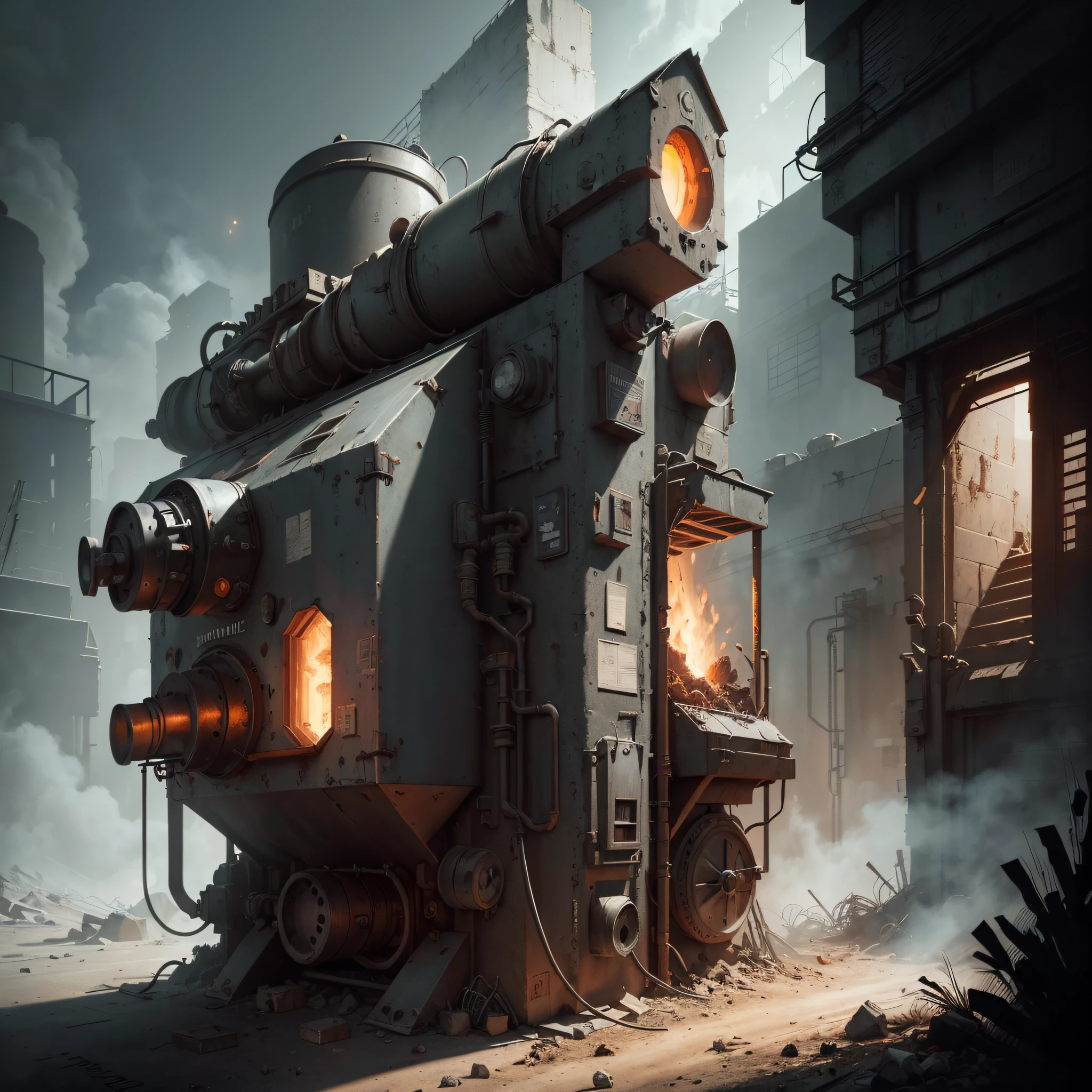 Furnace Machine , Sketch, hand drawn, dark, gritty, realistic sketch, Rough sketch, mix of bold dark lines and loose lines, bold lines, on paper, furnace machine sheet, furnace Machine, Full body covered in metal, slik, sci-fi, ghostly theme, (((items and gear listed on the side)))