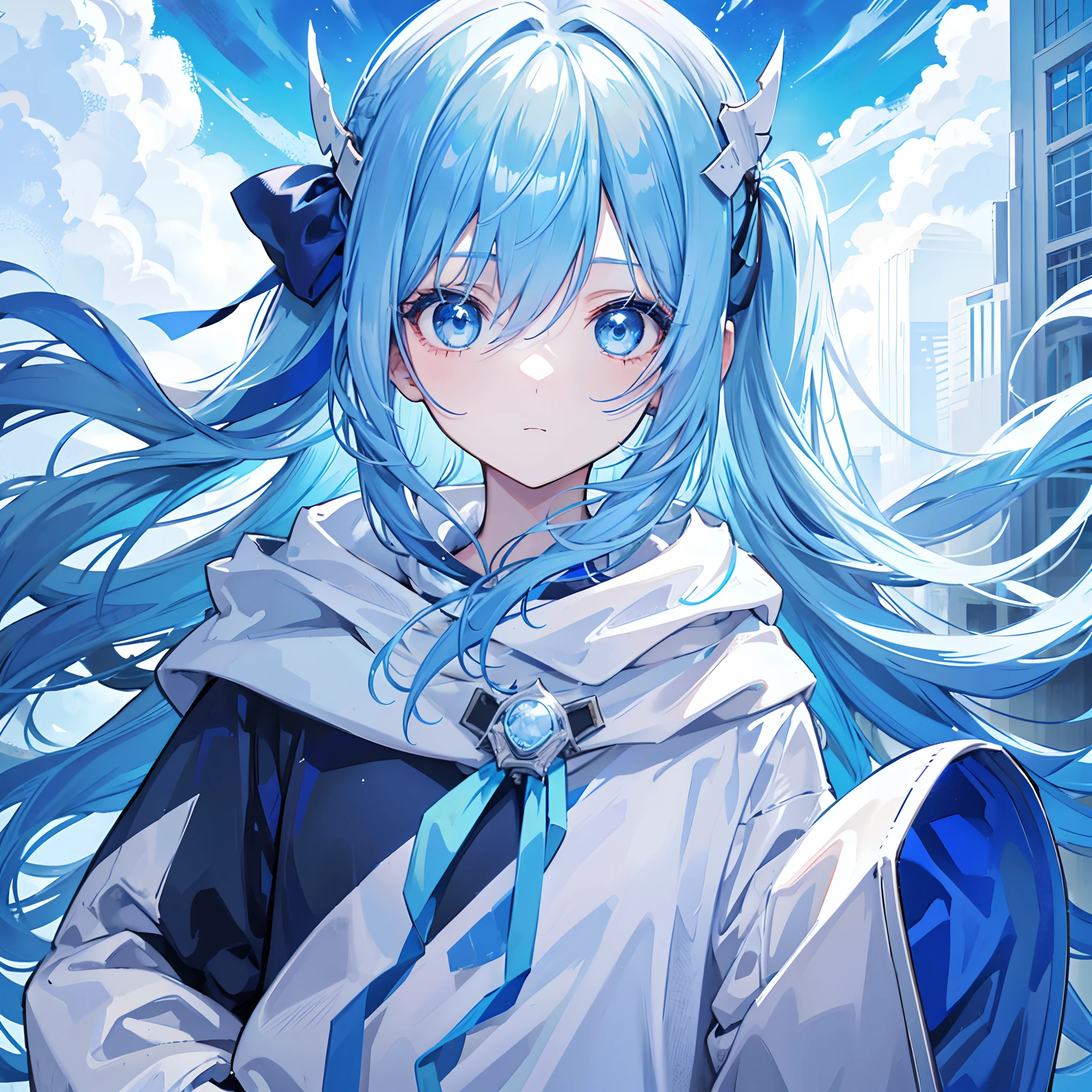 1girl, with light blue hair and blue eyes, wearing a hair ribbon and a blue and white hoodie. The scene is set in winter, with the girl looking directly at the viewer. This image can be used as a profile picture.