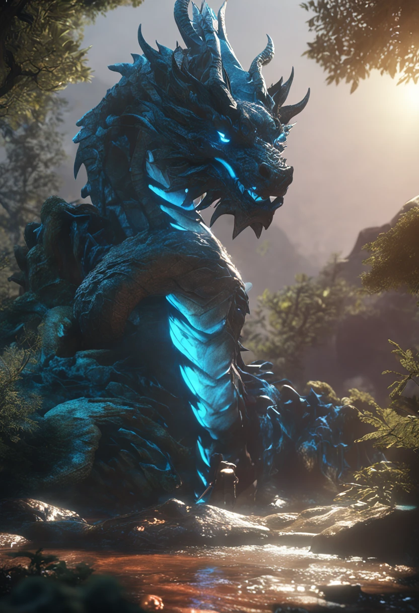 Masterpiece, best quality, (very detailed cg unity 8k wallpaper), (best quality), (best illustration), (best shadow), glow spirit, a silver (((((((Dragon)))))), in a lake, forest theme, (natural element), 3D, Octane rending, ray tracing, super detailed