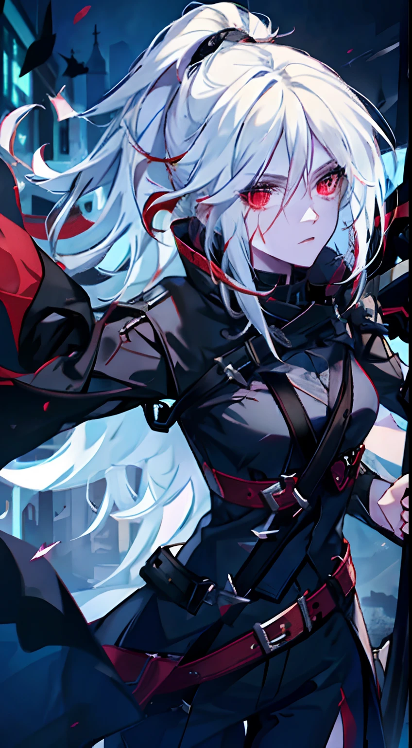 a woman wearing a black jacket and red shirt holding a crossbow, best quality, intricate details, chromatic aberration, hand drawn, 1girl, white hair, red highlights, red eyes, sharp eyes, choker, neon shirt, torn legwear, ((modern city background))