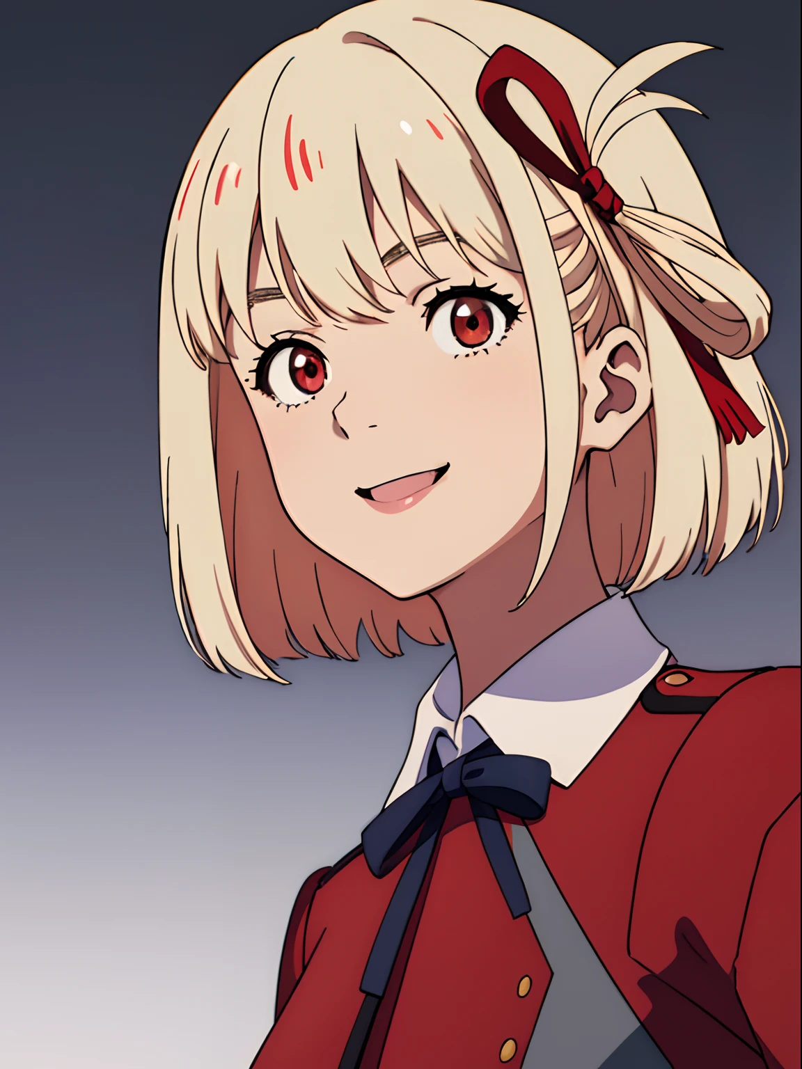 simple background、(​masterpiece、top-quality:1.2)、((facing front:1.2))、A big smile、With bangs、Young woman at 17 years old、((The upper part of the body:1.2))、Promotional Art、offcial art、red school uniform、long-sleeve、platinum-blonde、Red ribbons、Amber eyes