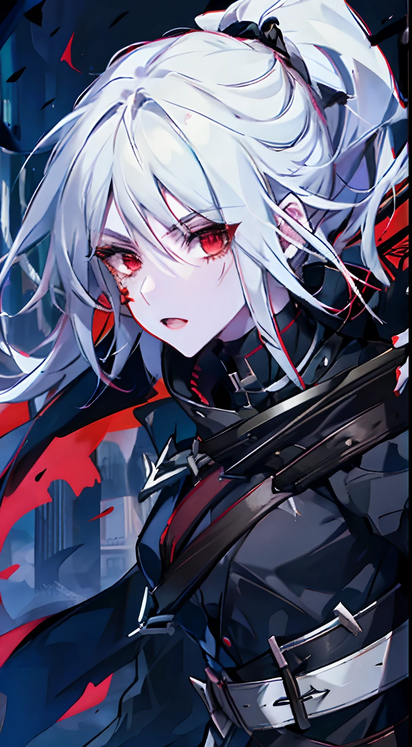 a woman wearing a black jacket and red shirt holding a crossbow, best quality, intricate details, chromatic aberration, hand drawn, 1girl, white hair, red highlights, red eyes, sharp eyes, choker, neon shirt, torn legwear, ((modern city background))