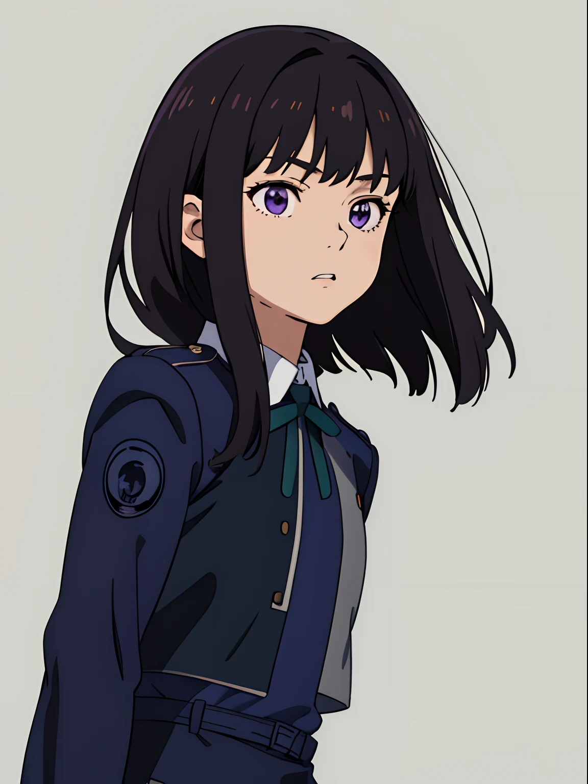 simple background、(masterpiece、top-quality:1.2)、((facing front:1.2))、With bangs、Young woman at 17 years old、((The upper part of the body:1.2))、Promotional Art、offcial art、Dark blue uniform、long-sleeve、Y shirt、Green Tie Ribbon、bangss、A dark-haired、Longhaire、Purple eyes