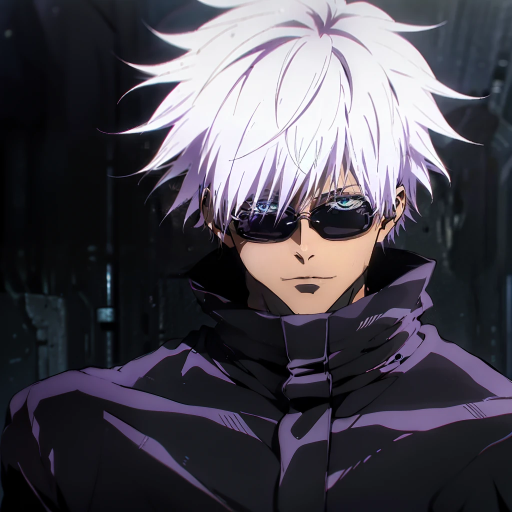 ((Best quality)), ((masterpiece)), ((realistic)),  Satoru Gojou, boy,messy spiky white hair, light blue eyes, purplish black suit, no tie, purplish black shirt, purplish black dress pants, black rounded sunglasses,