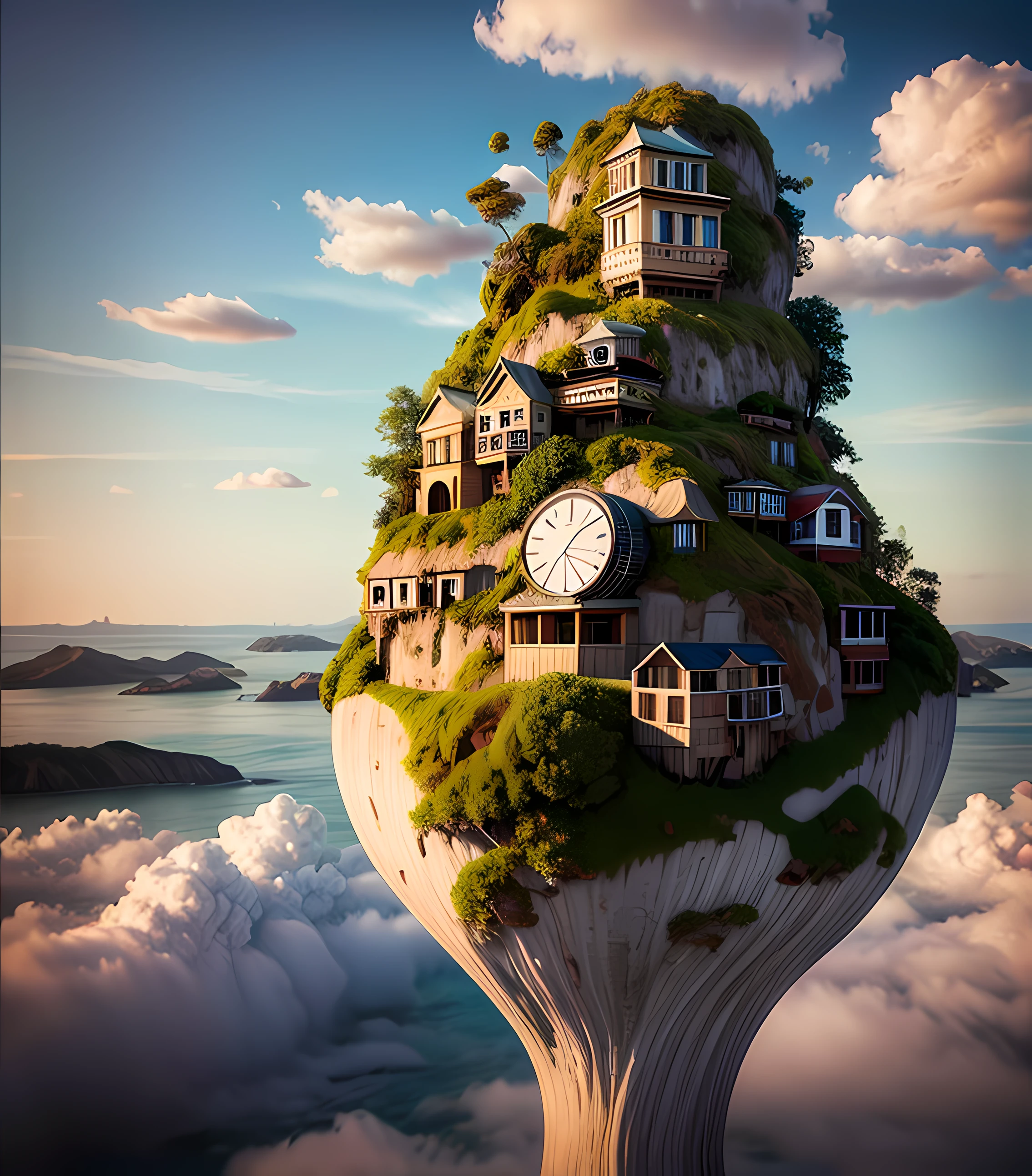 Paint a surreal themed oil painting about a floating island，There are huge clock gears on the island，And there are mysterious creatures inhabited。