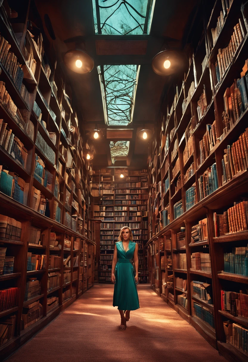 Sexy very real librarian in a library full of bookshelves and books