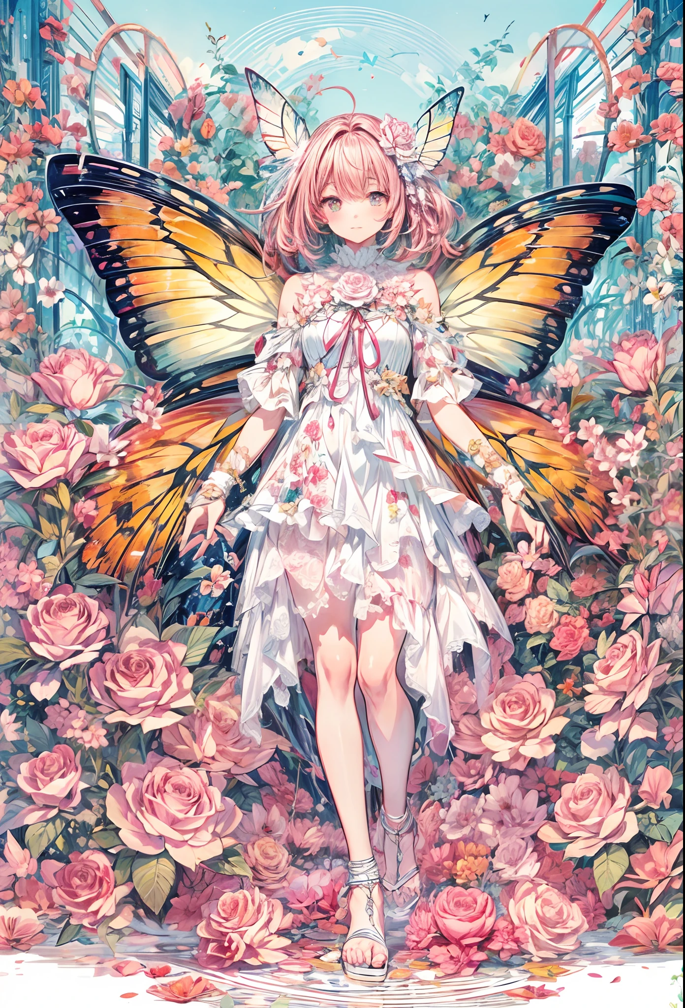 full body portrait front view, negative tarot white background, hyperdetailed intricate colorful rose graffiti silhouette vector background,

sunshine, natural light, very strong front light,

masterpiece best quality hyperdetailed ultra realistic colorful flat color pastel mix 2.5D 1 anime cute tall very skinny beautiful girl, hyperdetailed intricate flat color flying fluffy symmetrical glamorous red and pink short hair, white stocking, colorful flat color symmetrical fairy wings, butterfly hair ornament, flower hair ornament, sandal, locket, walking,

masterpiece best quality hyperdetailed colorful white cotton cocktail long dress, blue sea water splash in circle at feet,

sunshine on face, head light, front light, windy,

album cover art, clean art, colorful, symmetrical, 2D vector art, 2D illustration art, flat color art, 128K resolution, glamorous, digital art, digital painting, colorful ink illustration, hyperdetailed sharp focus, digital illustration, perfect composition, vibrant, golden ratio, rose graffiti, flat color art, digital watercolor painting,
