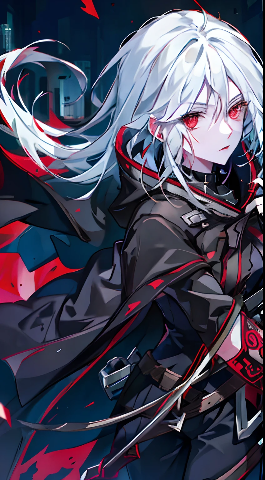 a woman wearing a black jacket and red shirt holding a crossbow, best quality, intricate details, chromatic aberration, hand drawn, 1girl, white hair, red highlights, red eyes, sharp eyes, choker, neon shirt, torn legwear, ((modern city background))