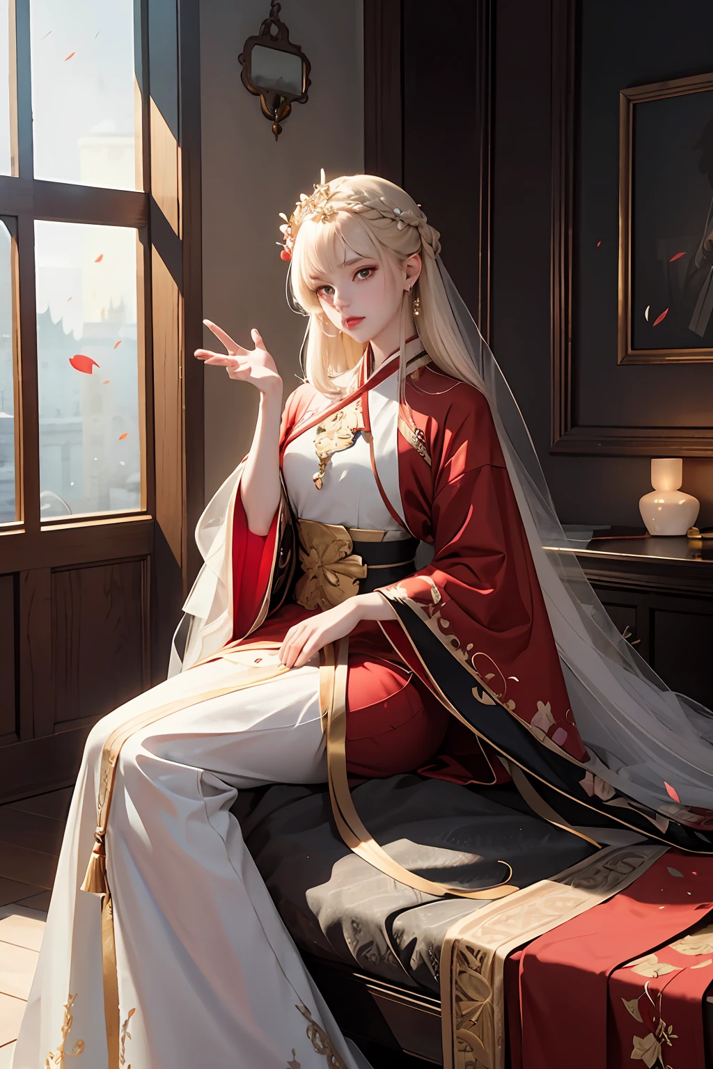 Need,tmasterpiece,A high resolution,(Delicate figure:1.5),Absolutely beautiful,(Milky skin:1.3),exquisitedetails,A high resolution,Wallpapers,1male people,独奏,shift dresses,hair adornments,(((Golden and red dress)) ), florals, long whitr hair, greyt hair, Red eyes，Keep one's mouth shut, trinkets, longer sleeves, Raise Hand, Wide sleeves, Big eyes, Fluttering, Hanfu, Hanfu, embroidery, natural poses, falling flower petals, inside in room, Fanning,lanterns，16K，HDR，A high resolution，depth of fields，（filmgrain：1.1），Bocoon，prime time，（lens flare glow），Vignette，rainbowing，（Color：1.5）