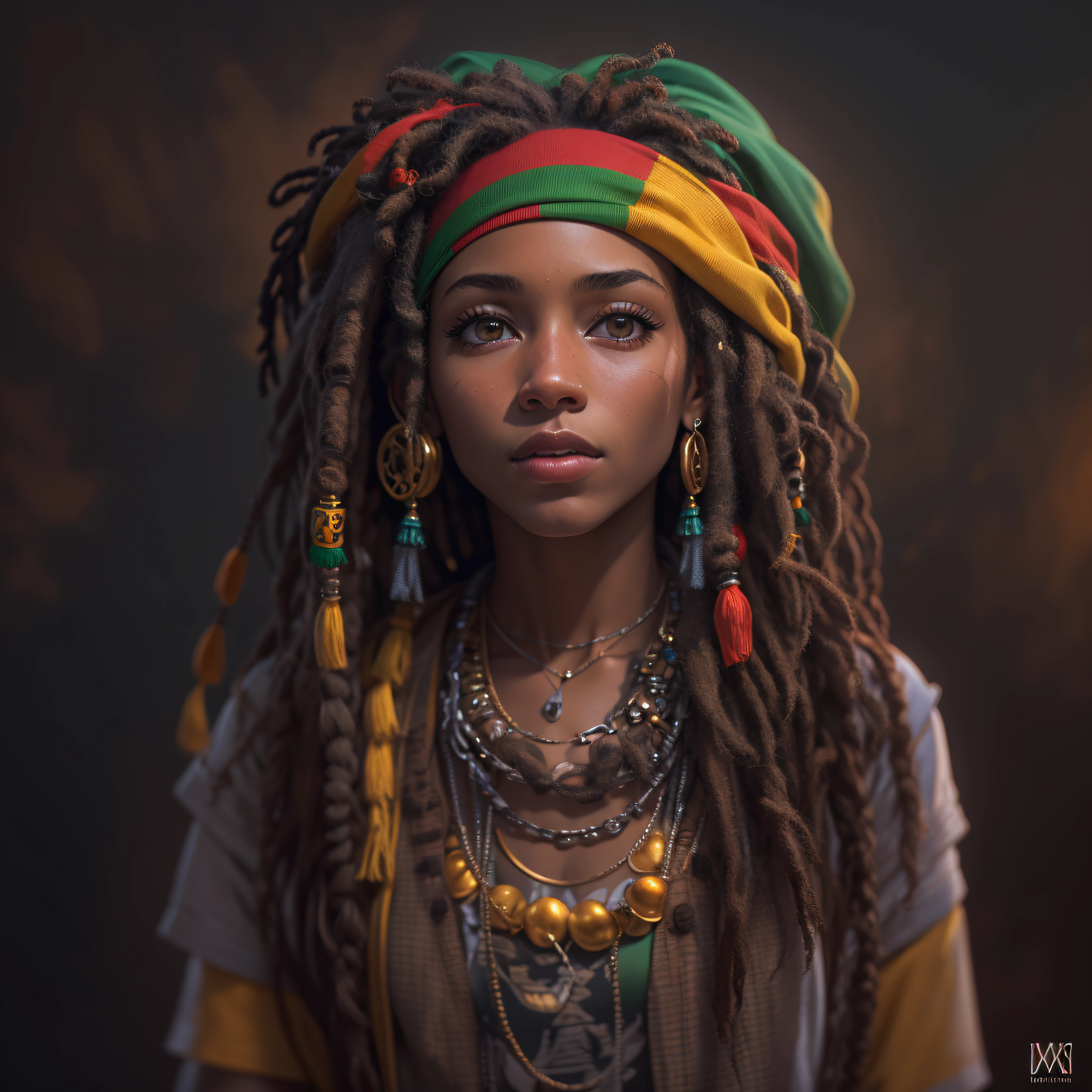 Rastafarian girl with Rastafarian accessories on dreadlocks, fotografia, soft-lighting, detalhes suaves, octana, Artstation Trend, ultra alto detalhe, Ultra realista, cinemactic, 16k, Imagem com pelo menos 300dpi, fundo preto, lighting to highlight the background figure