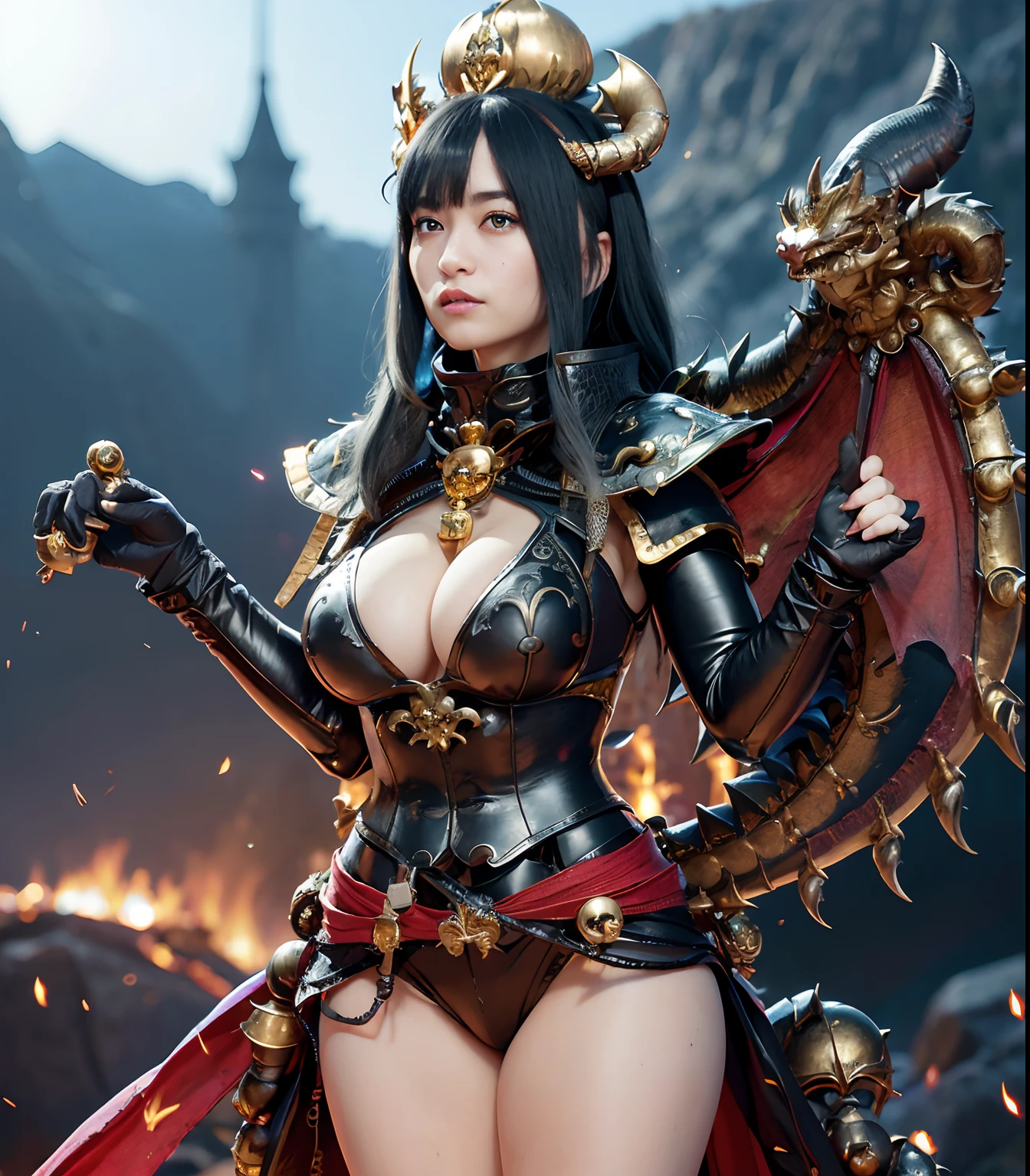 (masutepiece), Professional , ​masterpiece、top-quality、photos realistic , depth of fields （Gemstone Black Metal Body:1.９),(Matte Black、（cleavage of the breast）、Dragon Gold Weapon（Dragon Metal Body:1.４),Gorgeous Silver Weapons ,（（ Dragon's dense and gorgeous sword）） , Beautiful knife   ,warhammer 40k , adepta sororitas,Detail and gorgeous crown、（（Blue hair））、（Castle background）、The dragon、（（Gangle's forest background））、Beautiful Caucasian beauty、（１a person）、dynamic ungle,(((Detailed and ornate Black Devil Crown)))、Smaller head、A smile、Castle background、Thin and beautiful female hands、cleavage of the breast、Soldier in iron armor on background、Mystical expression、Light Effects、intense fighting、Wind-effect、magic circles、With the legendary magic wand、（demonic wings）、