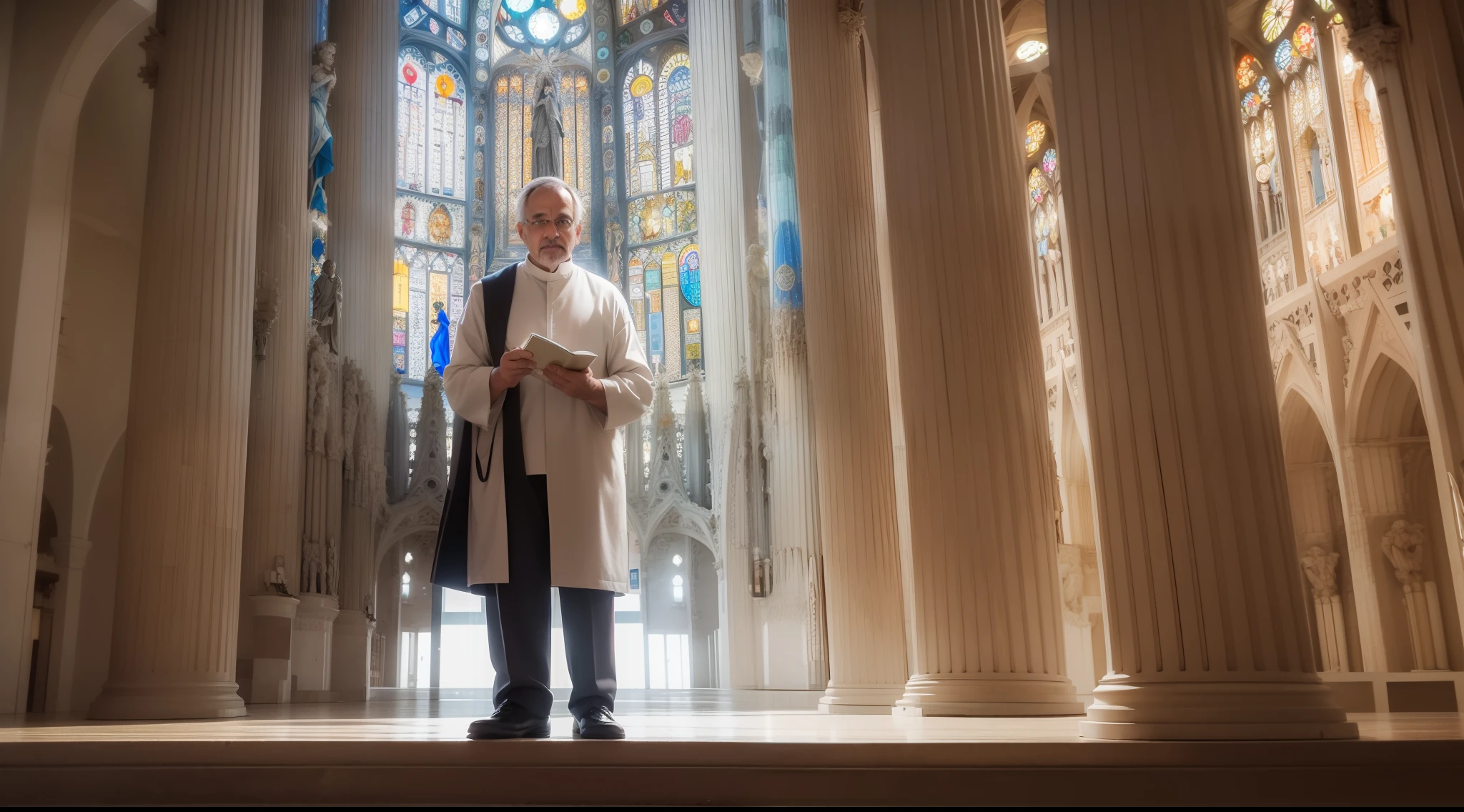 Create a picture of a 60-year-old man with a Bible (sagrada) in the hand.