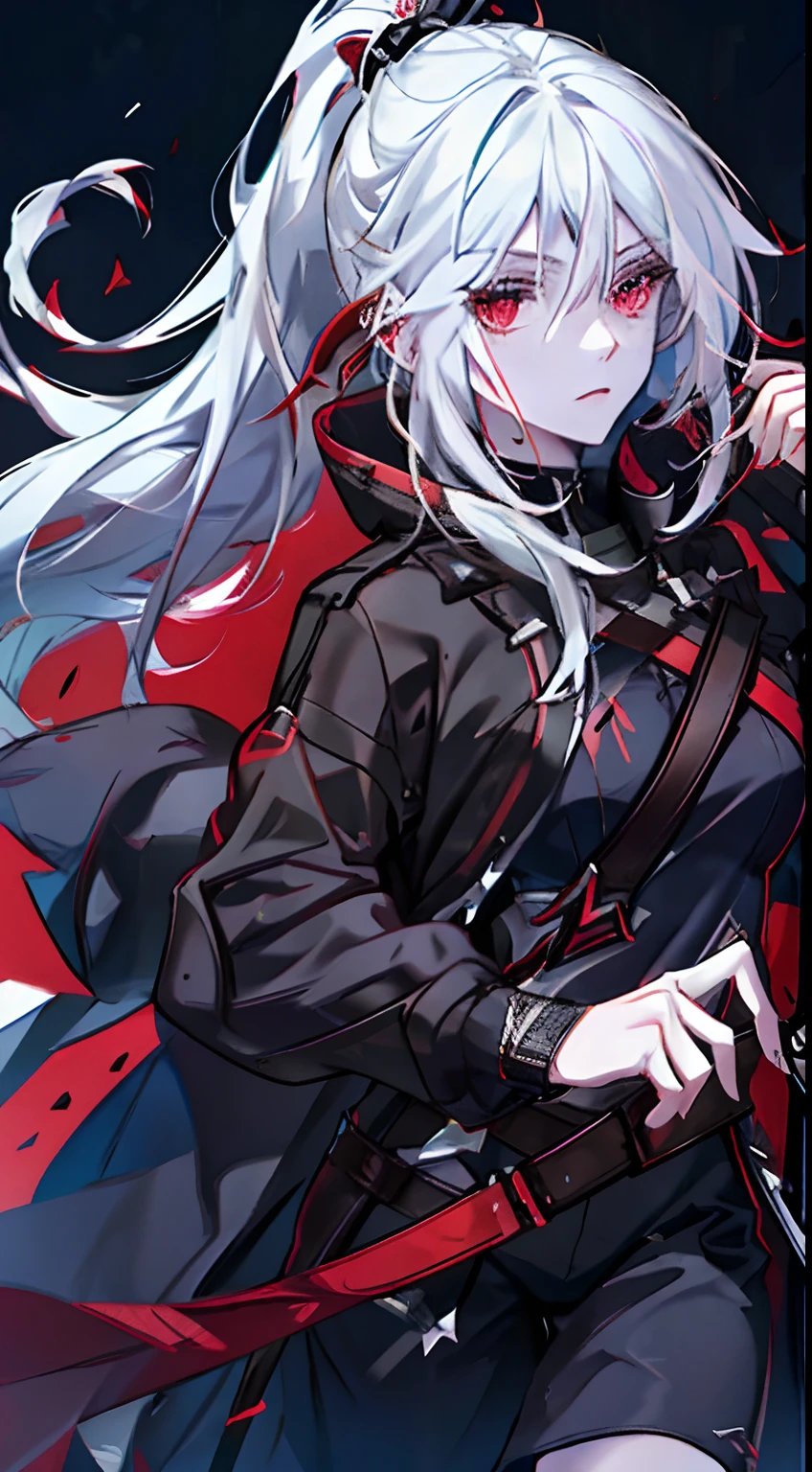 a woman wearing a black jacket and red shirt holding a crossbow, best quality, intricate details, chromatic aberration, hand drawn, 1girl, white hair, red highlights, red eyes, sharp eyes, choker, neon shirt, torn legwear, ((modern city background))