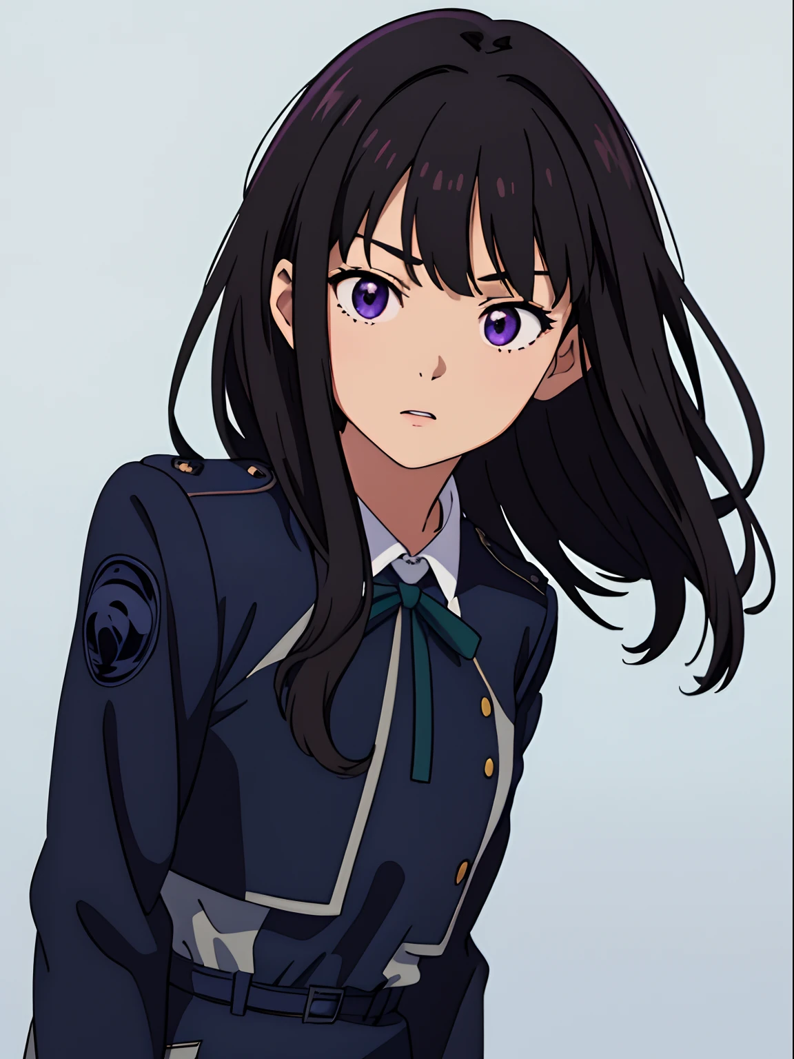 simple background、(​masterpiece、top-quality:1.2)、((facing front:1.2))、With bangs、Young woman at 17 years old、((The upper part of the body:1.2))、Promotional Art、offcial art、Dark blue uniform、long-sleeve、Y shirt、Green Tie Ribbon、bangss、A dark-haired、Longhaire、Purple eyes