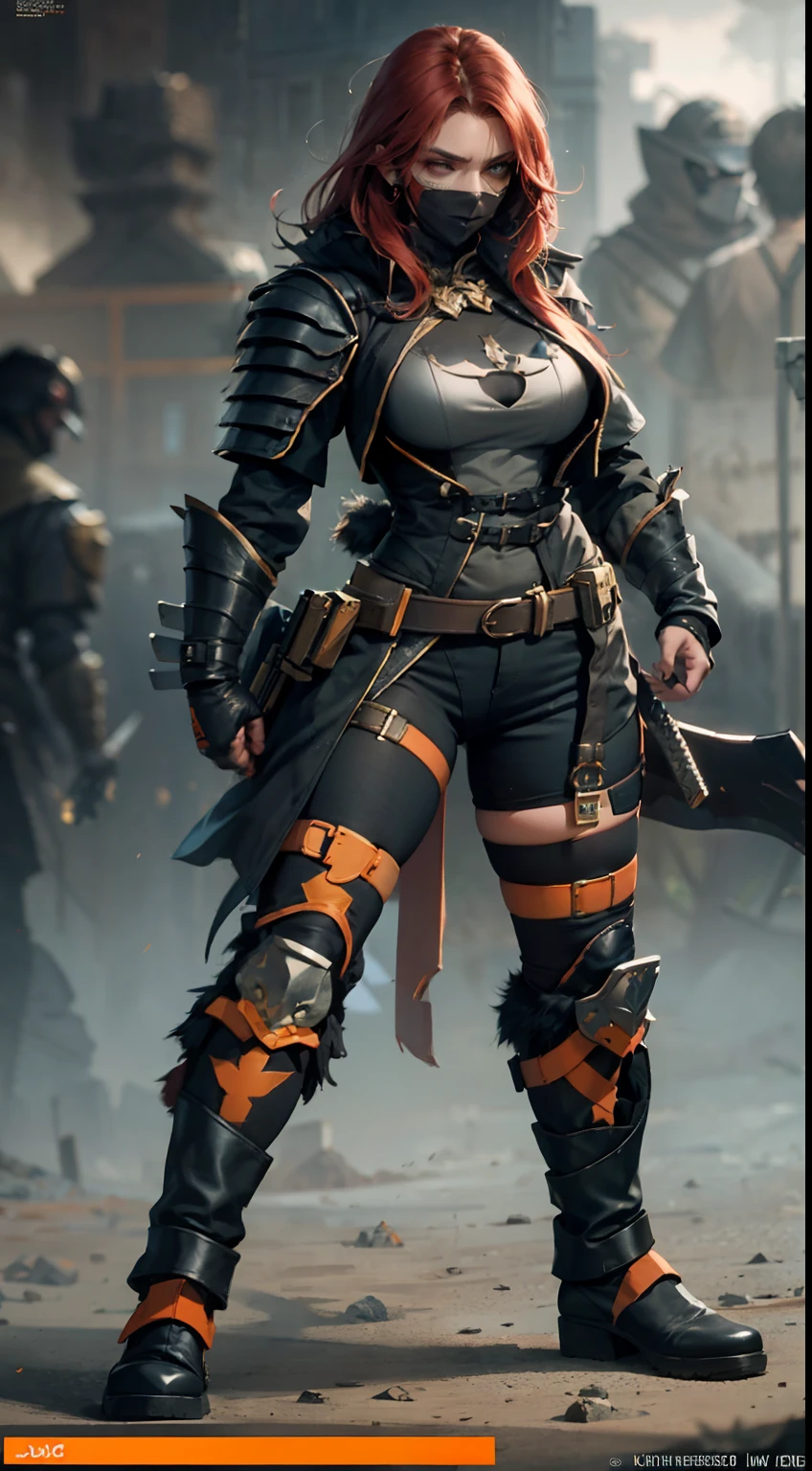 at the battlefield,Mercenary,There is a lot of war,smooggy,The people are plunged into an abyss of misery,Landslides and ground fissures,Sand,(realisticlying:1.2),(hentail realism),(tmasterpiece:1.2),(best qualtiy),(Hyper-detailing),(8K,4K,复杂),(full body shot shot:1),(85mm),Particle light,illuminating,(high detal:1.2),(Detailed face:1.2),largeeyes,beautiful goddess woman,putting makeup on,s the perfect face,Perfect lighting,1girll,DC Super Hero Movie,The female version of the death knell,(Death stroke),His real name is Slade Joseph Wilson,American DC Comics anti-heroine,tightsuit,Martin boots,Multifunctional belt,She carries two katanas on her back,One-eyed patch,Half-black mask,Ninja style,Orange-black clothes,Death glow,Serious look,Thin waist and thick hips,upper legs,Faust,huge boob,red pupils,Cyclops,(Knell set:1.2),Gravel background,Broken ground,Female death knell,Hands clenched into fists,(No underwear),(finelydetailedskin:1.3),(nice hand),Detailed hands,detailed back ground, perfect eyes, Seductive eye, looking at viewert, From the front,cinematric light,edge lit,超高分辨率,Best shadow,delicated,octanerender,unreal-engine,Glaring ahead,