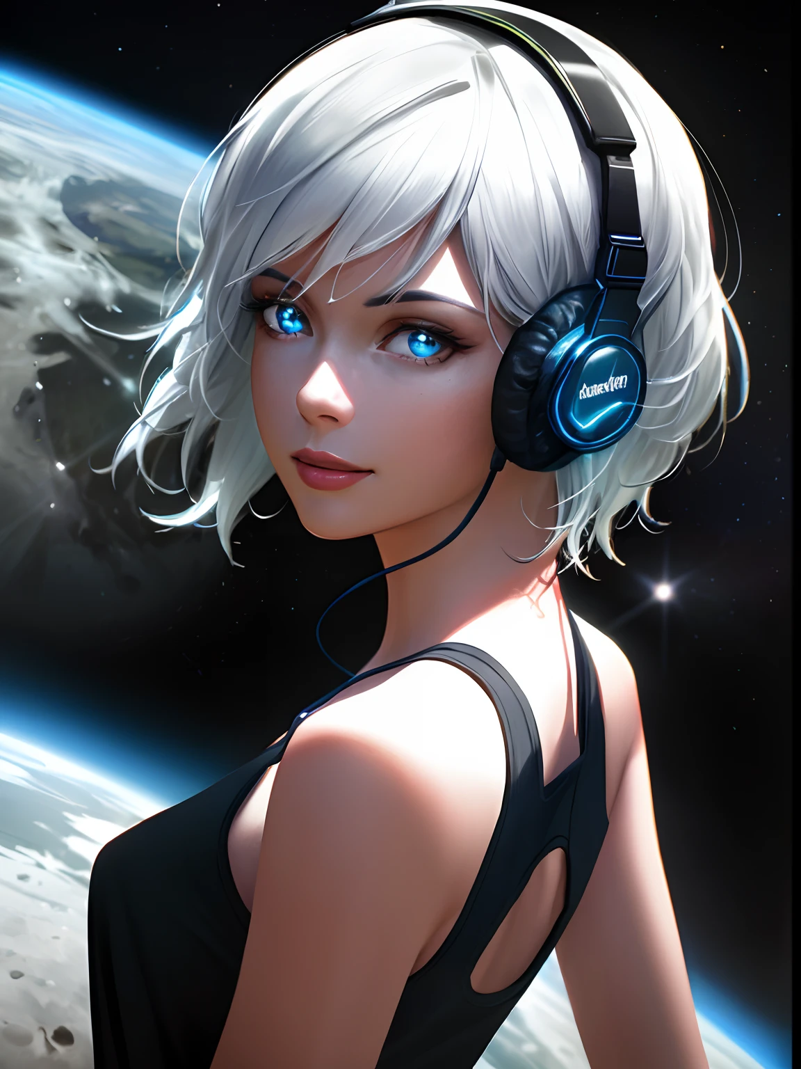 (on the moon, space, looking back into earth), white hair, black tank top, volumetric lighting, white jacket, glowing headphone, cyberpunk, futuristic, multi-color eyes, detailed eyes, hyper detailed,light smile,
highly detailed, beautiful, small details, ultra detailed, best quality, intricate, hyperrealism, sharp, digital illustration, detailed, realism, intricate, 4k, 8k, trending on artstation, good anatomy, beautiful lighting, award-winning, photorealistic, realistic shadows, realistic lighting, beautiful lighting, raytracing, intricate details, moody, rule of thirds, masterpiece, (illustration:1.1), highres, (extremely detailed CG, unity, 8k wallpaper:1.1), beautiful face, highly detailed face, ultra realistic, masterpiece, bokeh, extremely detailed, intricate, zoomout,
colorful, vibrant colors, red nail polish, side view,