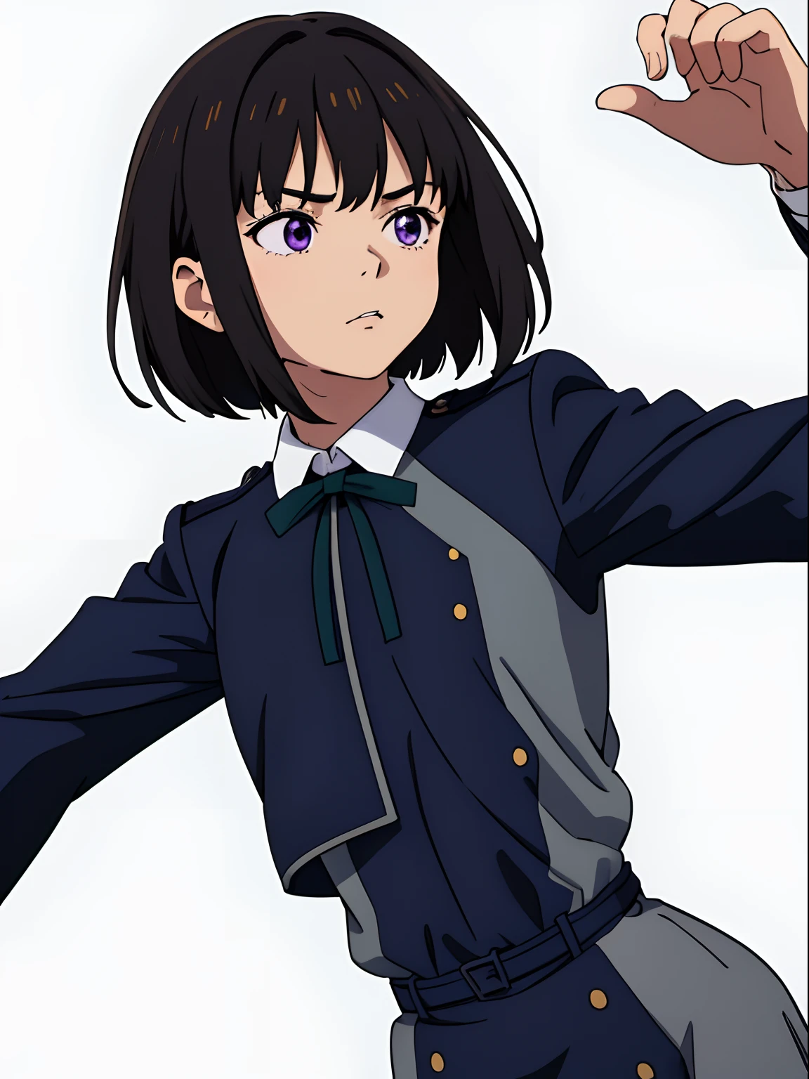 simple background、(masterpiece、top-quality:1.2)、((facing front:1.2))、With bangs、Young woman at 、((The upper part of the body:1.2))、Promotional Art、offcial art、Dark blue uniform、long-sleeve、Y shirt、Green Tie Ribbon、bangss、A dark-haired、Longhaire、Purple eyes