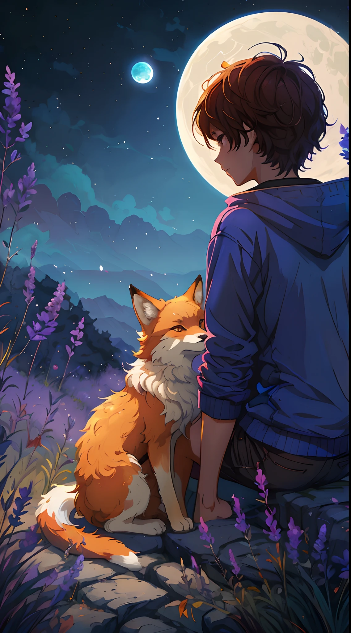 there is a boy sitting on a rock with a fox with a wide fluffy tail and very beautiful eyes edmund blair and charlie bowater, boy with fox ears and tail, charlie bowater art style, erin hunter, cyril rolando and goro fujita, charlie bowater and artgeem, full color illustration, full art illustration