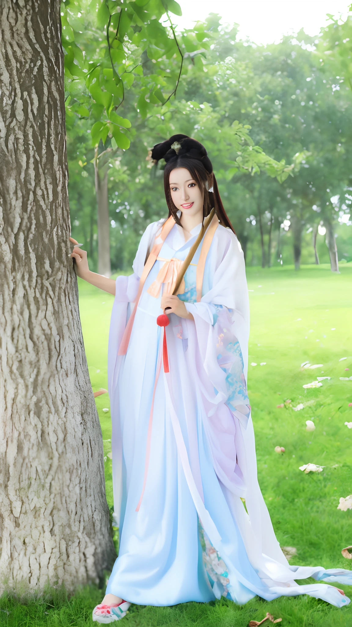 ((tmasterpiece：1.4)),Real records，Cinematic lighting effects，Woman leaning against tree in blue and white dress, A girl in Hanfu, full-body xianxia, White Hanfu, Hanfu, flowing magical robe, with acient chinese clothes, Chinese costume, Wearing ancient Chinese clothes, Traditional Chinese clothing, Inspired by Lan Ying, Princesa chinesa antiga, Flowing robes, xianxia fantasy, China Princess，8K,Nikon D850 shot，wide lens shot，