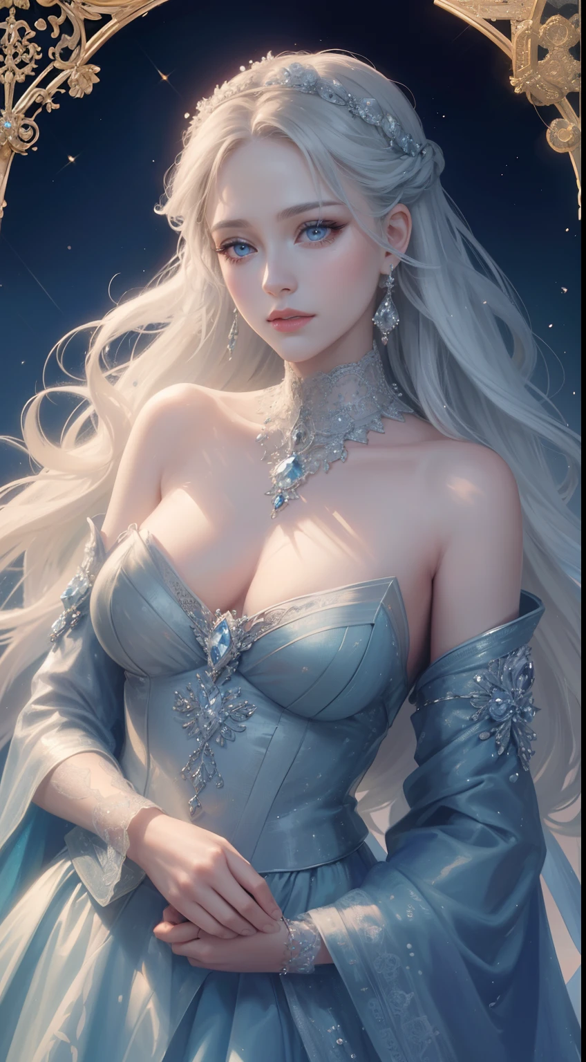 tmasterpiece,Highest high resolution,Dynamic bust of beautiful royal lady,Delicate silver braided hair,Blue clear eyes,The hair is covered with beautiful and delicate floral craftsmanship, Crystal jewelry filigree,Ultra-detailed details,upscaled。Soft lighting