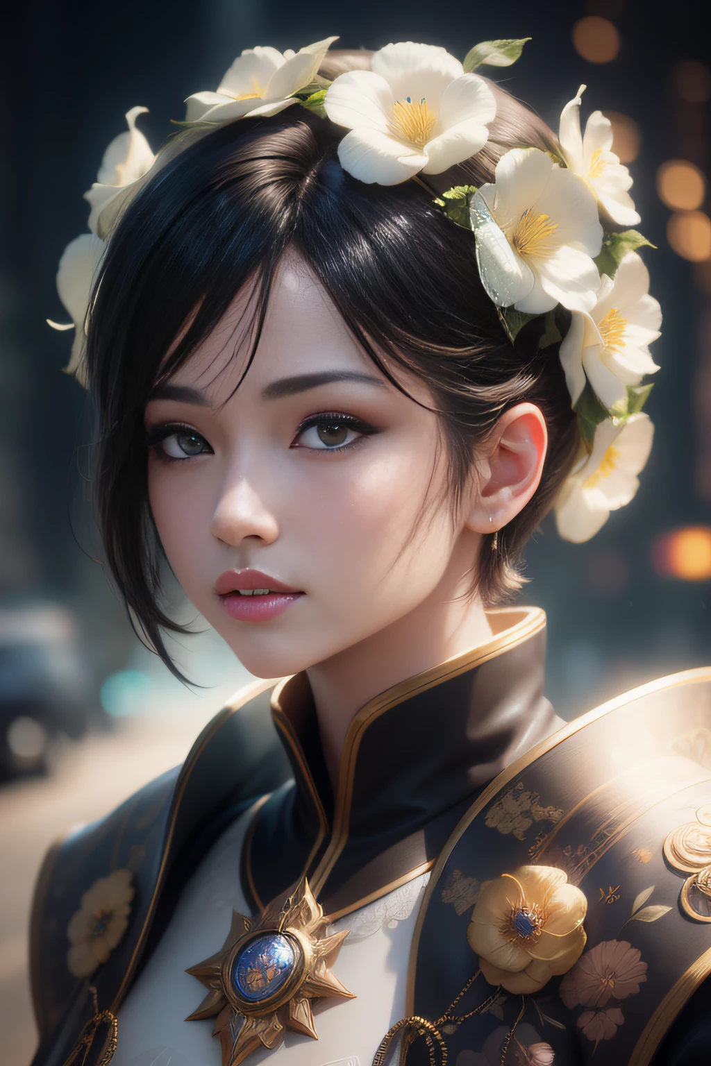 Digital portrait of a Japanese noblewoman with short hair, Beautiful face, Intricate, Cinematic, Realistic epic, Unreal Engine 5, Gorgeous, Exhilarating color grading, trending on artstationh, Photography, cinema shot,background starry sky，planet earth，suns，themoon，Divine light，The characters exude an air of holiness，offcial art，Extremely detailed，（The upper part of the body、Front lens）， transparent glass texture, Glows in high detail, white backgrounid, industrial design, studio lit, C4D, OC renderer, Clean shadows, 4K