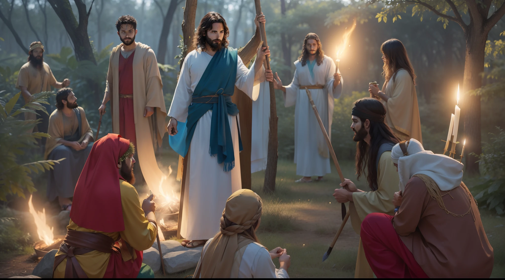 A painting of Jesus standing in a forest with his staffs, bible illustration, holy flame spell, biblical art lighting, blessing the soil at night, biblical painting, biblical image, holy fire spell art, epic biblical representation, Directed by: Scott Gustafson, jesus wasted at a party, saindo das chamas, fogo e enxofre, a tocha que todos devemos segurar. E SEUS DISCIPULOS