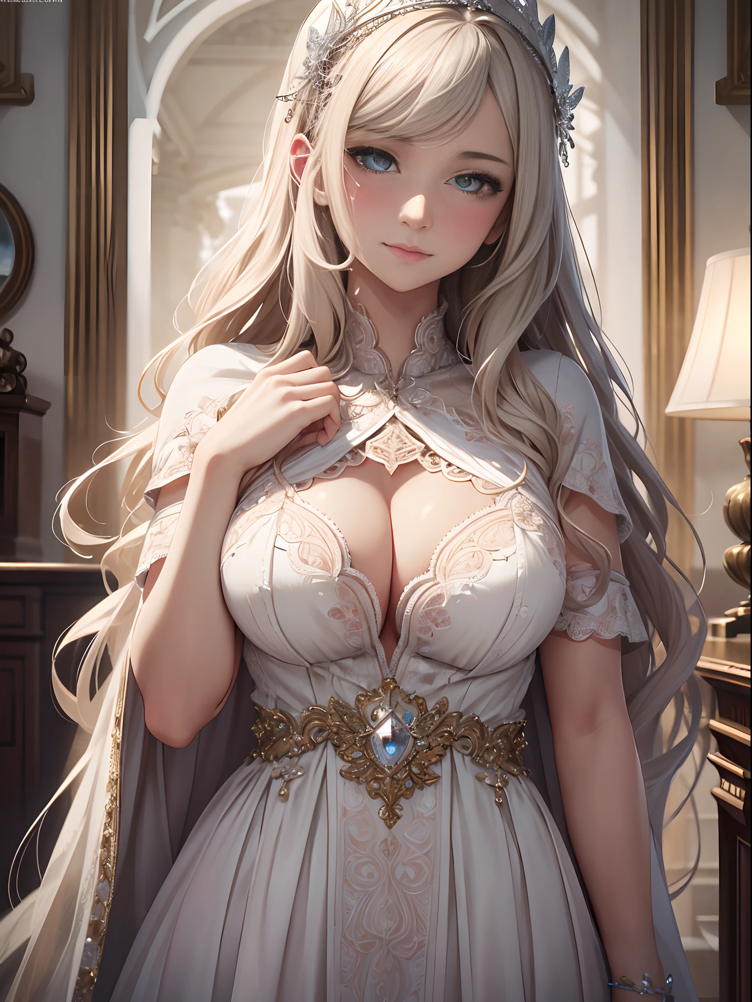 looking at viewer, beautiful delicate eyes, nose blush, light smile,(white skin), big breasts,(masterpiece),(extremely intricate:1.2), ultra detailed, high quality,ultra realistic, photorealistic,(realistic:1.4), highest quality, highres, Raw Photo, 8k, detailed eyes, highest resolution, looking at camera, (exquisitely detailed skin), wavy hair,