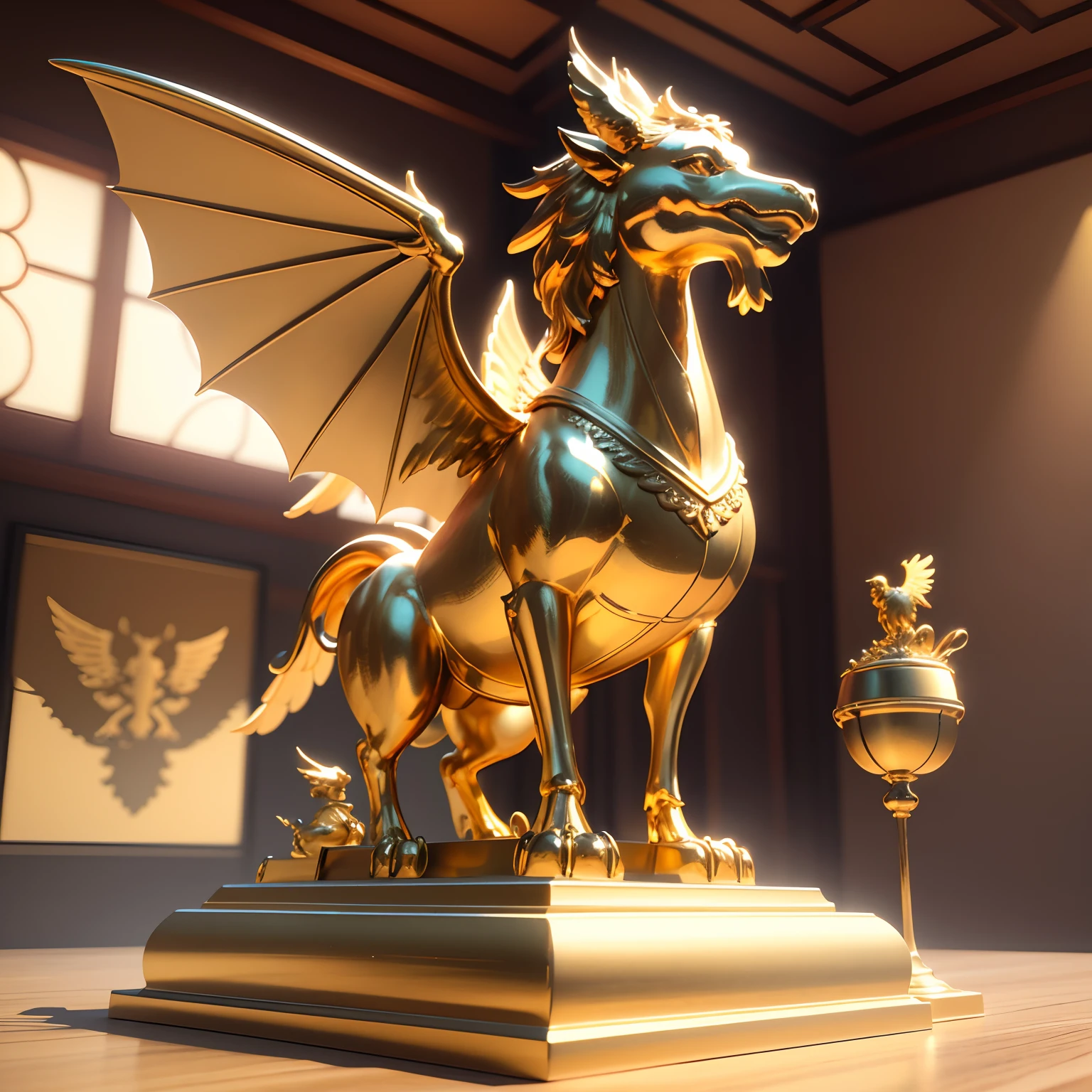 golden statue of a winged animal holding a gold bowl, 8k octae render photo, 3 d render official art, 3d model of a japanese mascot, golden dragon, 3 d render character art 8 k, golden taurus, 3d 8k octan render, depicted as a 3 d render, trending on cgstation, cg art, cute 3 d render