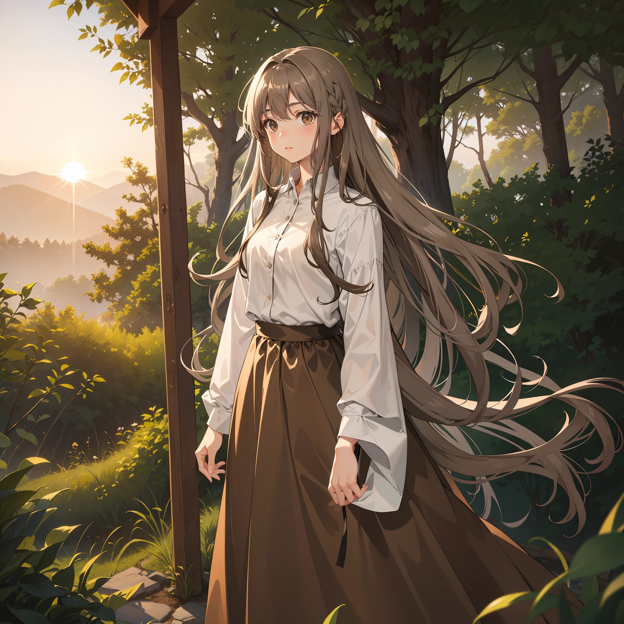 Gray-brown hair,Gray-brown eyes,Hair curtain,Long flowing hair,White shirt,Black strap skirt,standing in forest,A breeze blows in the face,The sunset makes it a little difficult to open your eyes,rejoice,chiquita