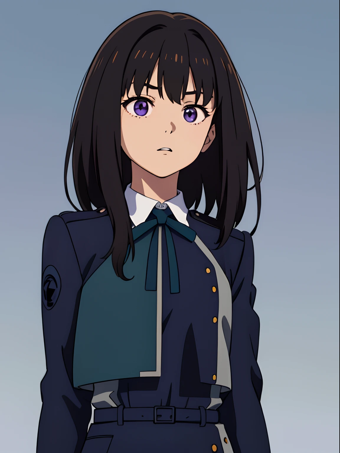 simple background、(masterpiece、top-quality:1.2)、((facing front:1.2))、With bangs、Young woman at 、((The upper part of the body:1.2))、Promotional Art、offcial art、Dark blue uniform、long-sleeve、Y shirt、Green Tie Ribbon、bangss、A dark-haired、Longhaire、Purple eyes