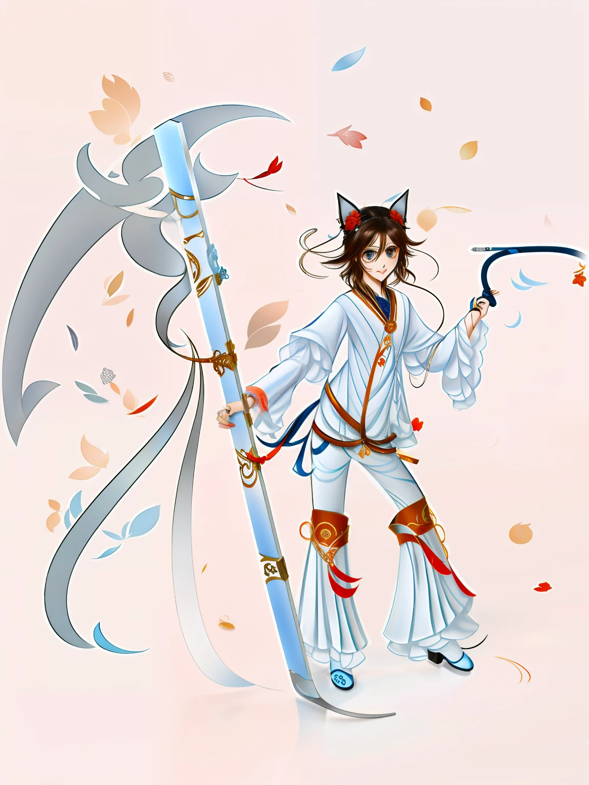 A long-haired cat lady，Hold a sugar gourd in your left hand，In his right hand he holds a blue-white scythe，There are two red streamers on the sickle