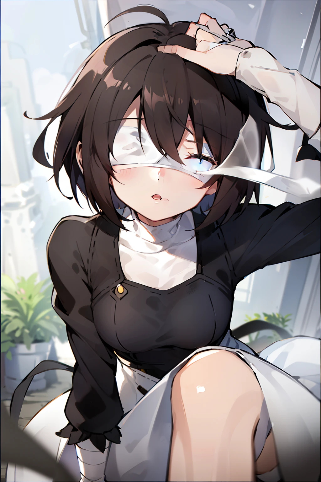 Eyes covered,full-length picture，Clear fingers,Gorgeous white dress，Bandages on the eyes，Eyes covered，Aloof，No eyes， （Short brown hair：1.5），Girl，Blindfolded，with short brown hair，Brown-haired，Blindfolded，Two hands，only have two arms,No eyelashes