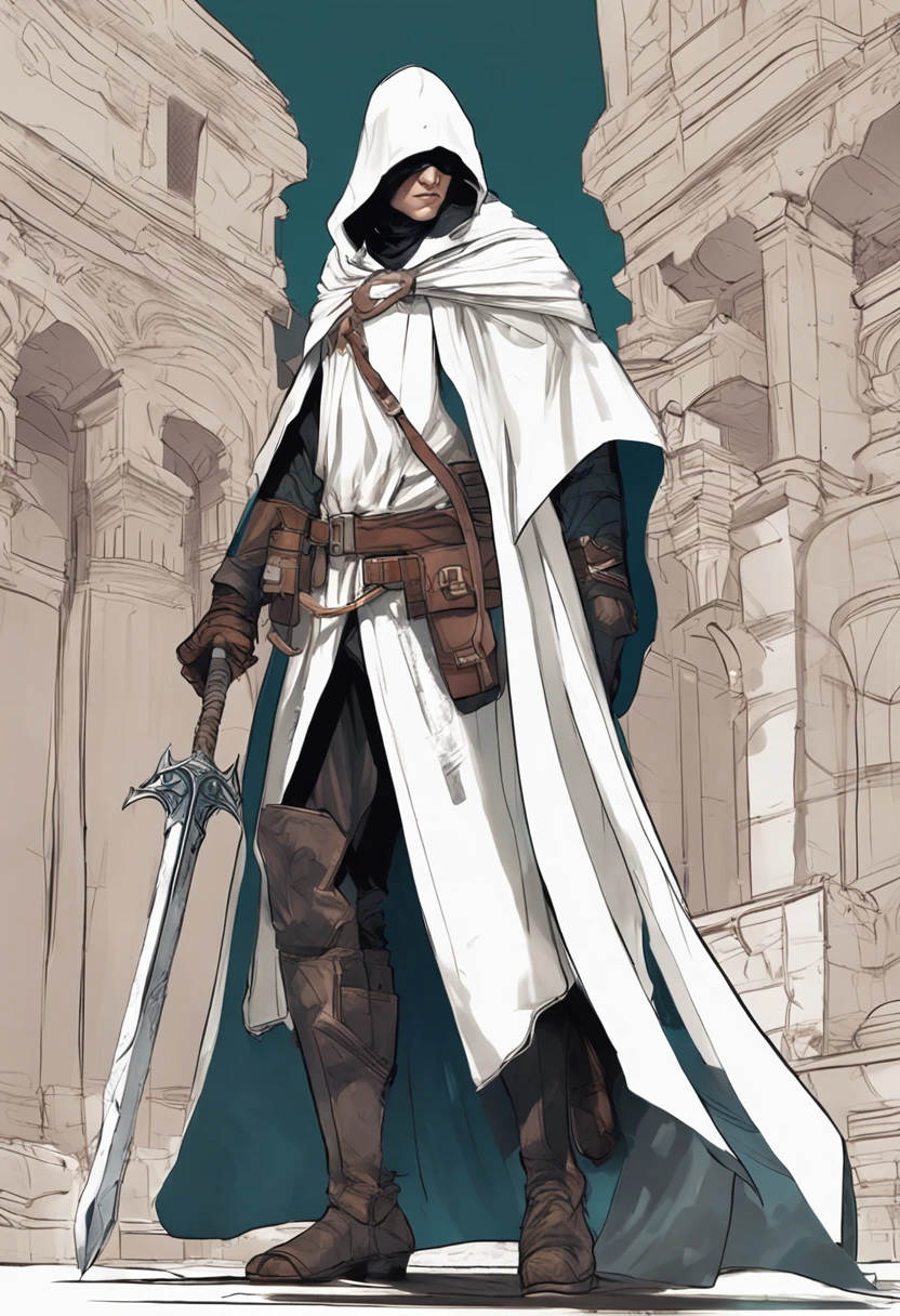 Close-up of a teenager holding a sword in one hand, White cloak, Photo of the junior clergy, dressed like a cleric,, long white cape,, A human teenage paladin, ( ( concept art of character ) ), cleric, Masked arch mage, jrpg character art, rpg concept art character