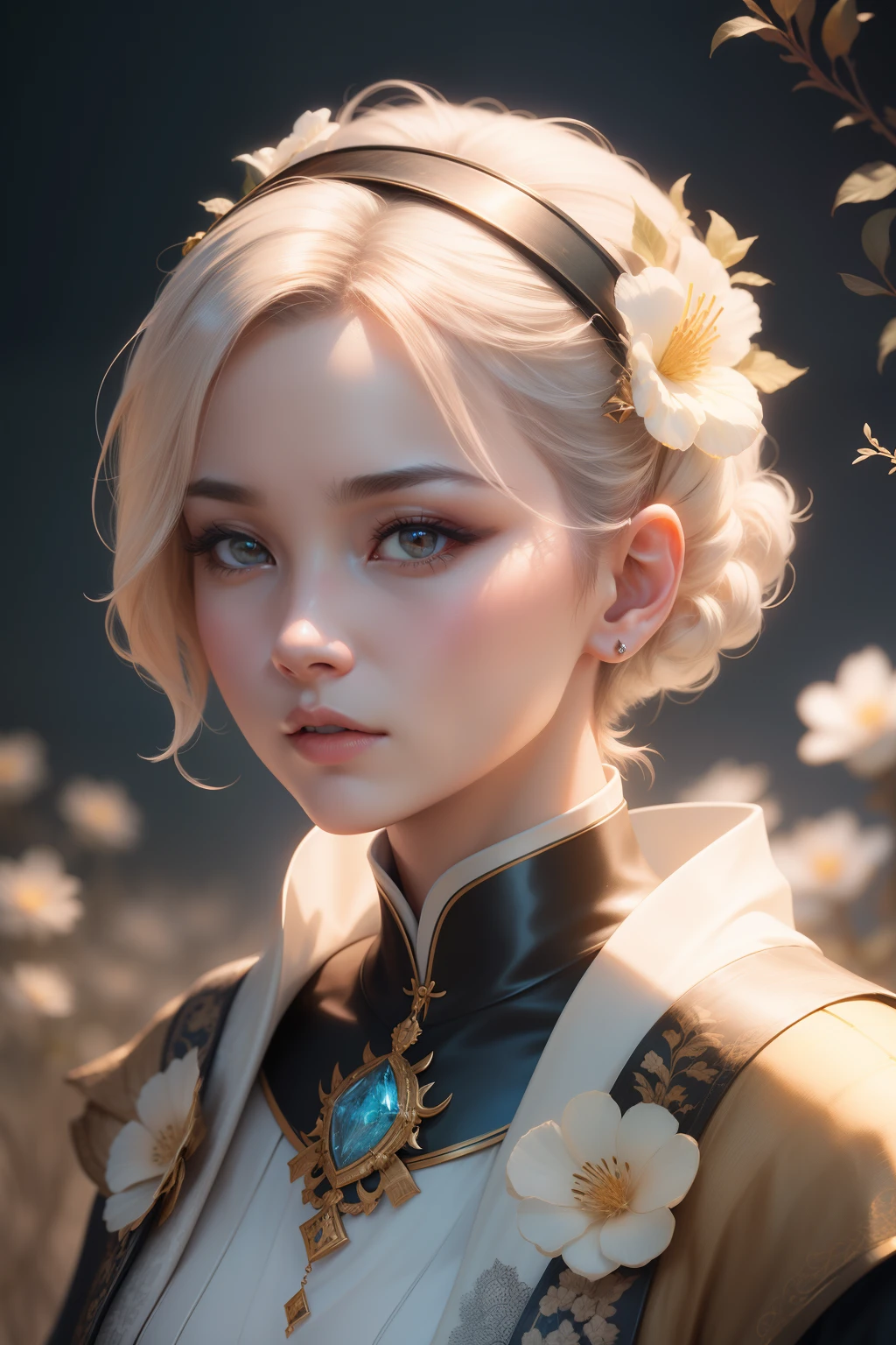 Digital portrait of a Japanese noblewoman with short hair, Beautiful face, Intricate, Cinematic, Realistic epic, Unreal Engine 5, Gorgeous, Exhilarating color grading, trending on artstationh, Photography, cinema shot,background starry sky，planet earth，suns，themoon，Divine light，The characters exude an air of holiness，offcial art，Extremely detailed，（The upper part of the body、Front lens）， transparent glass texture, Glows in high detail, white backgrounid, industrial design, studio lit, C4D, OC renderer, Clean shadows, 4K