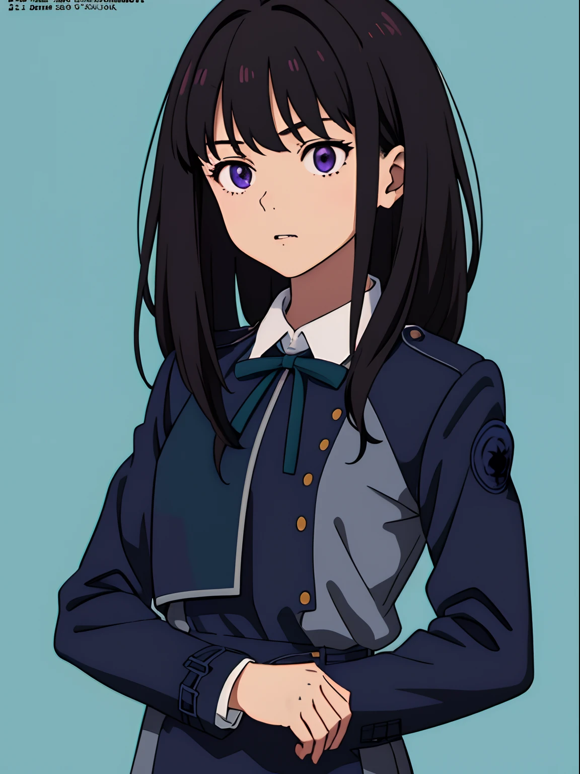 simple background、(masterpiece、top-quality:1.2)、((facing front:1.2))、With bangs、Young woman at 17 years old、((The upper part of the body:1.2))、Promotional Art、offcial art、Dark blue uniform、long-sleeve、Y shirt、Green Tie Ribbon、bangss、A dark-haired、Longhaire、Purple eyes