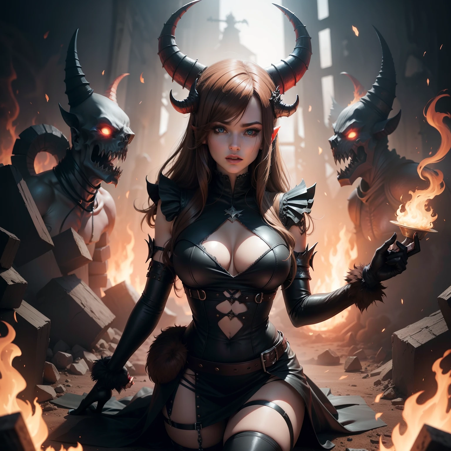 Miss chaos, with horns, in hell, fully clothed make her brown haired